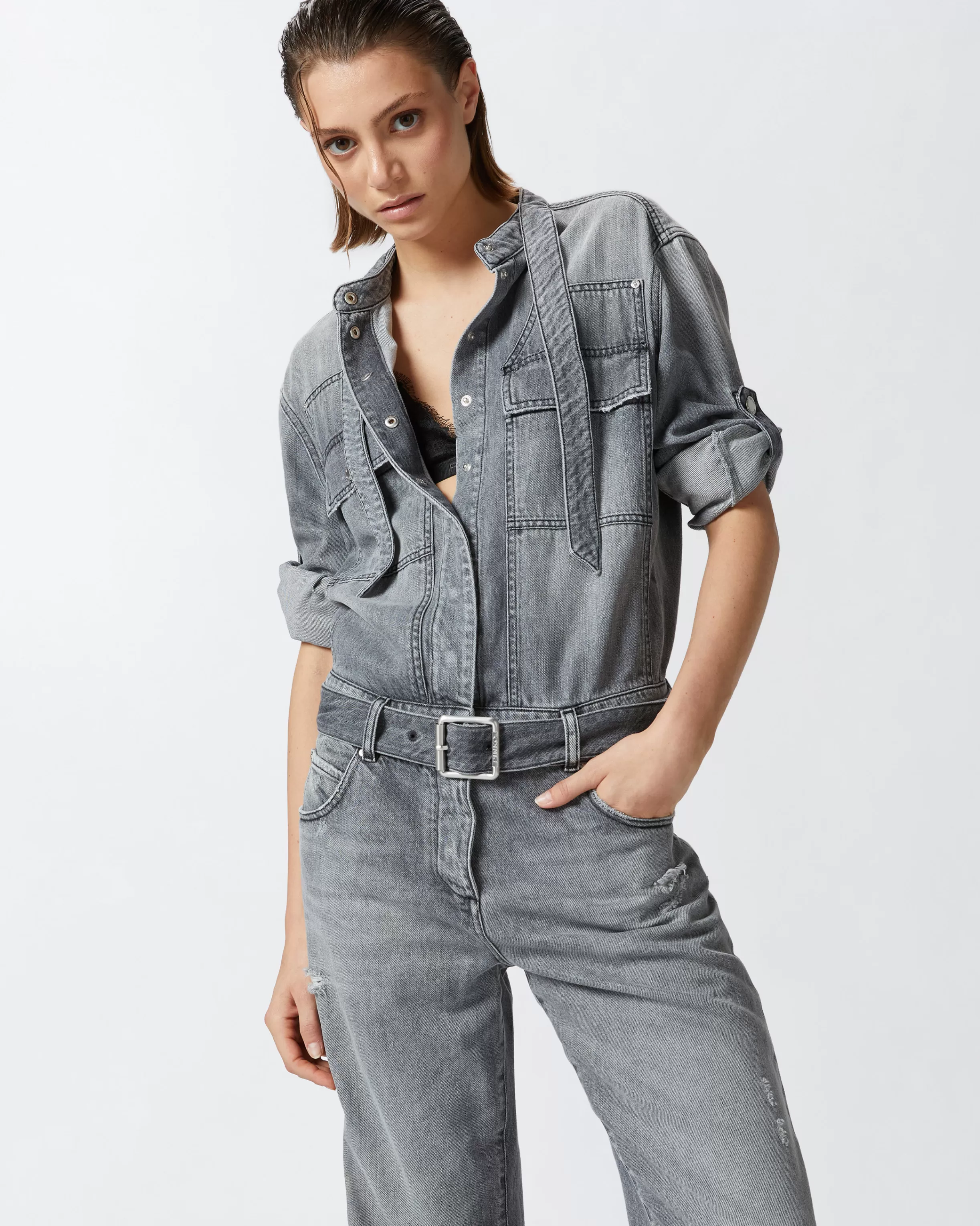 PINKO Light grey denim jumpsuit