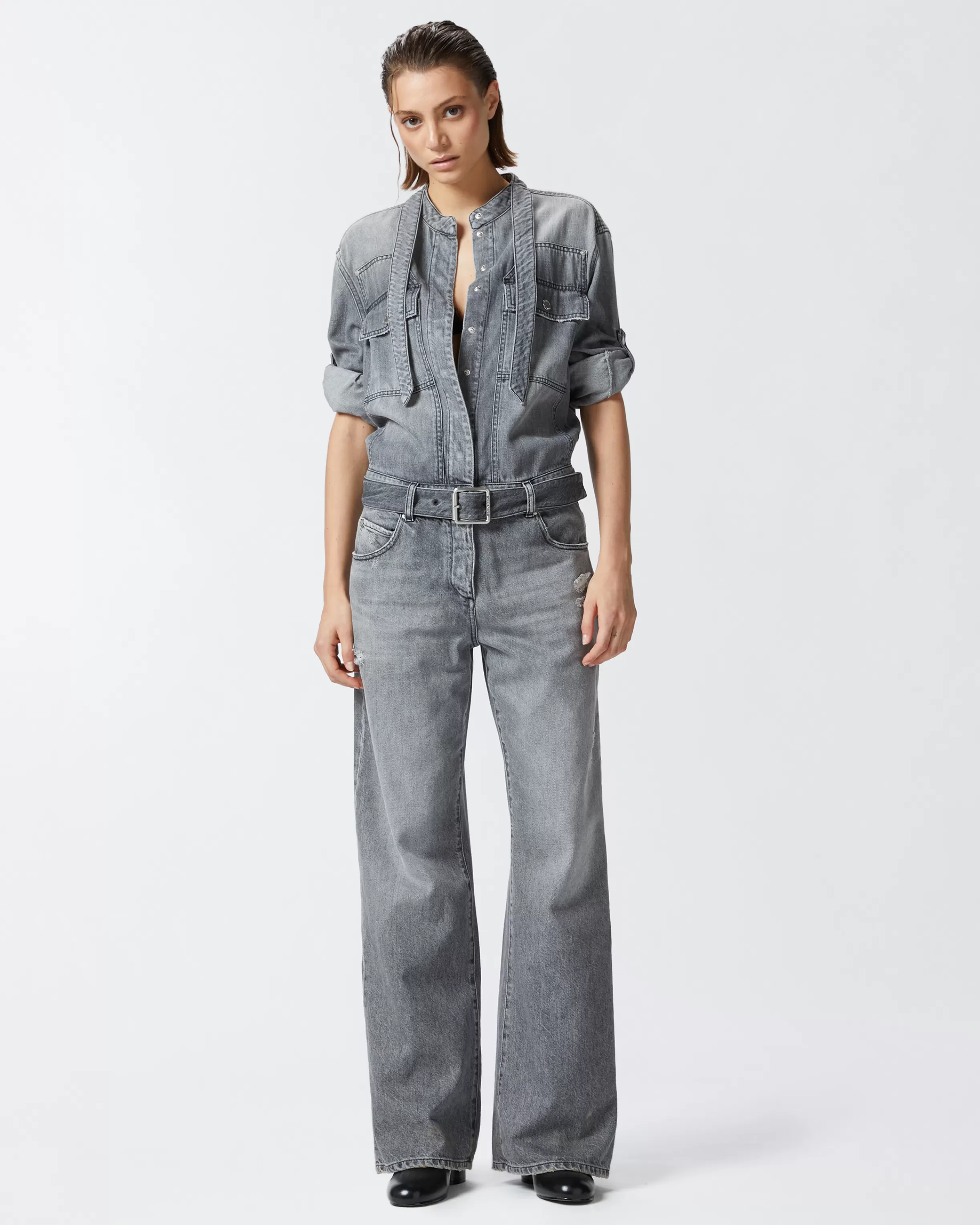 PINKO Light grey denim jumpsuit