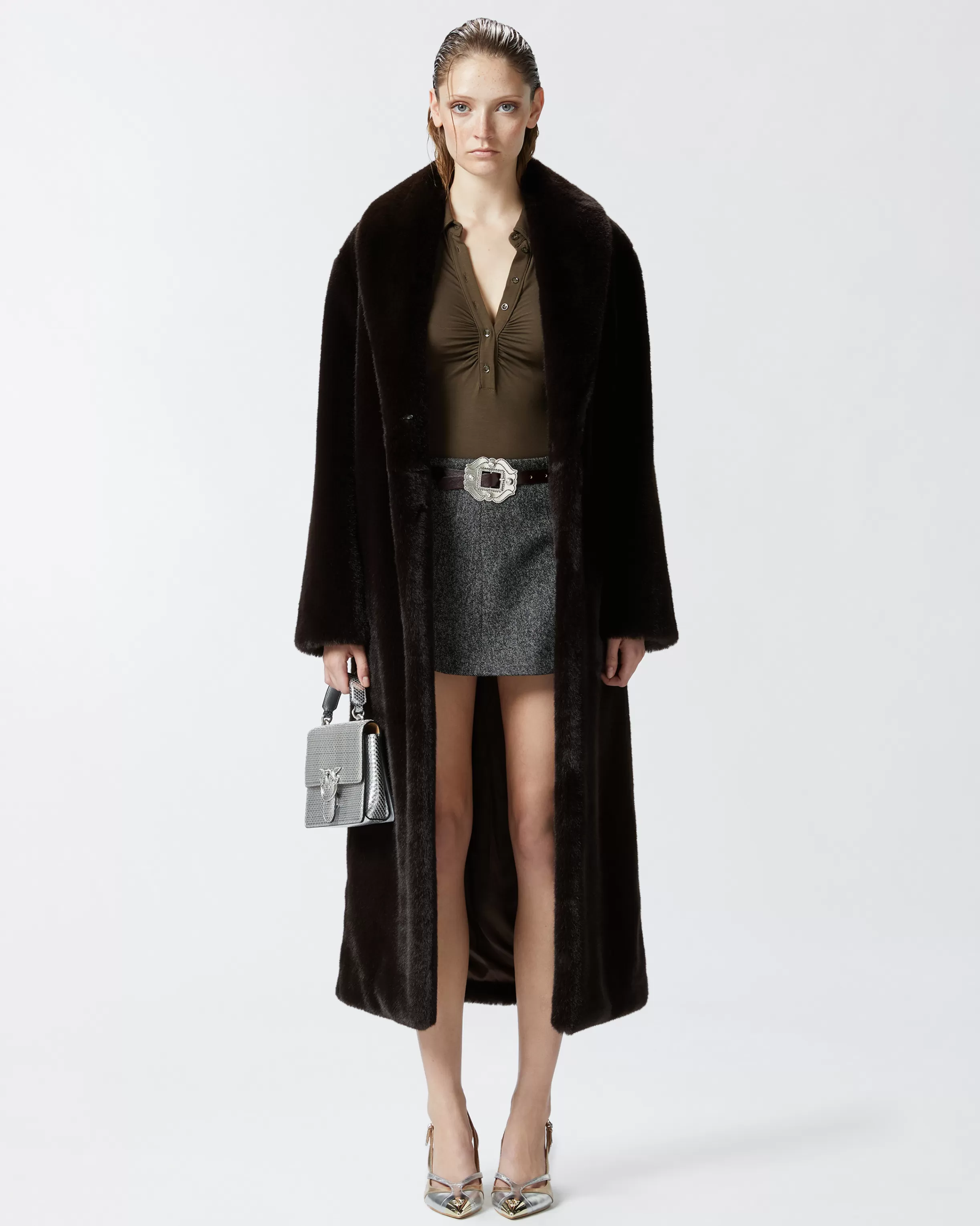 PINKO Long faux fur coat with belt