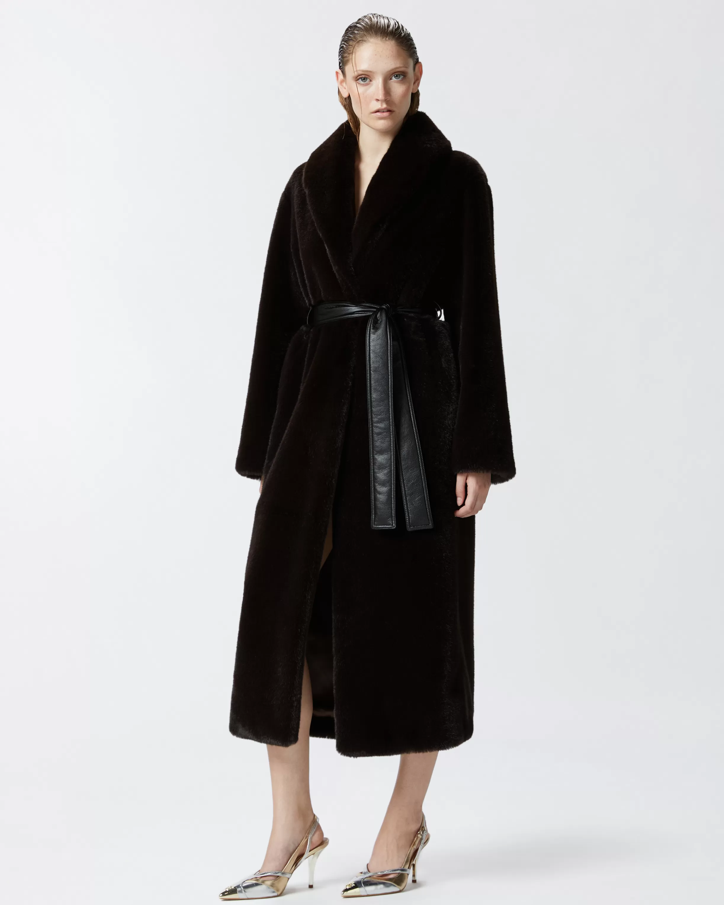 PINKO Long faux fur coat with belt