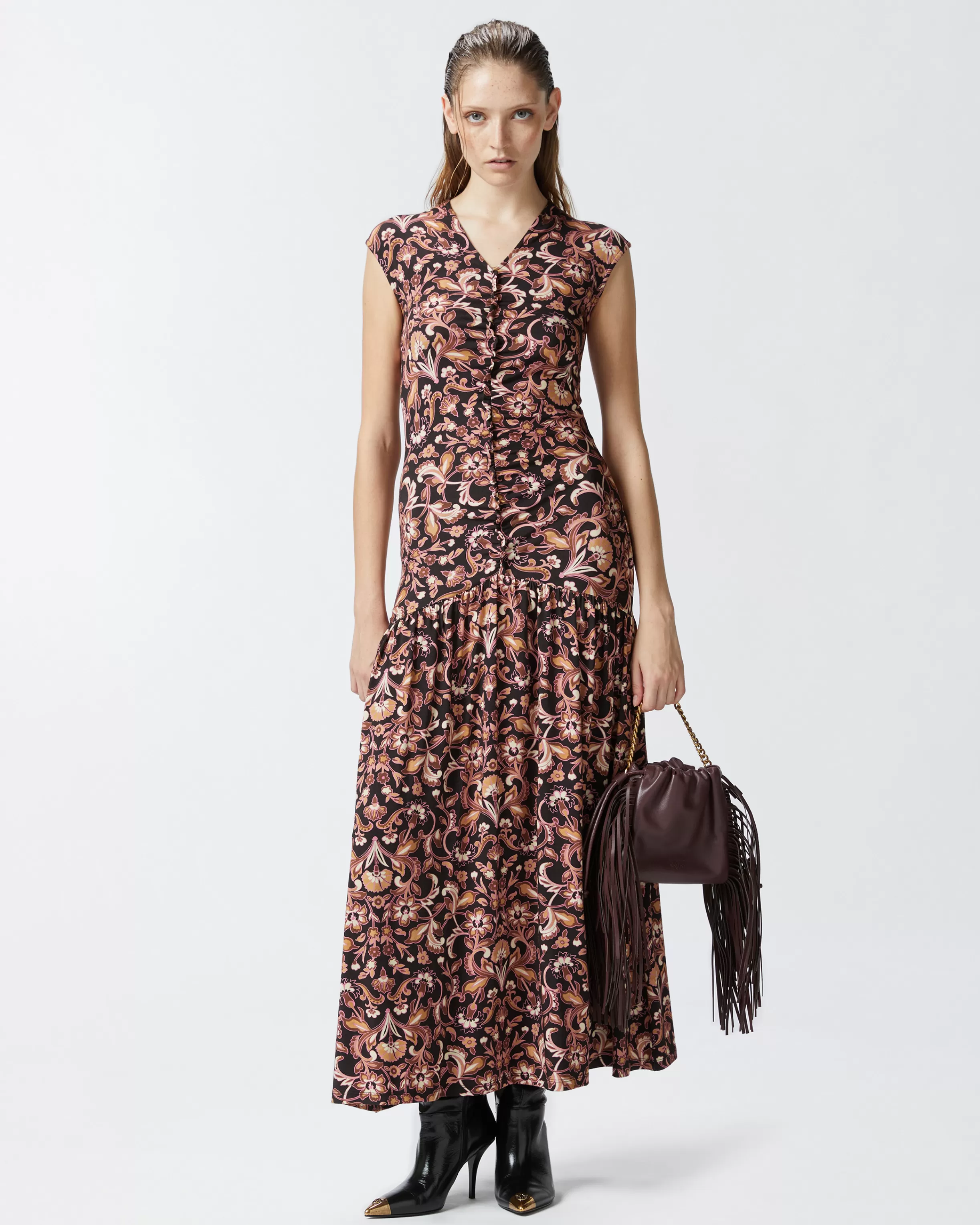 PINKO Long floral dress with flounce at the bottom