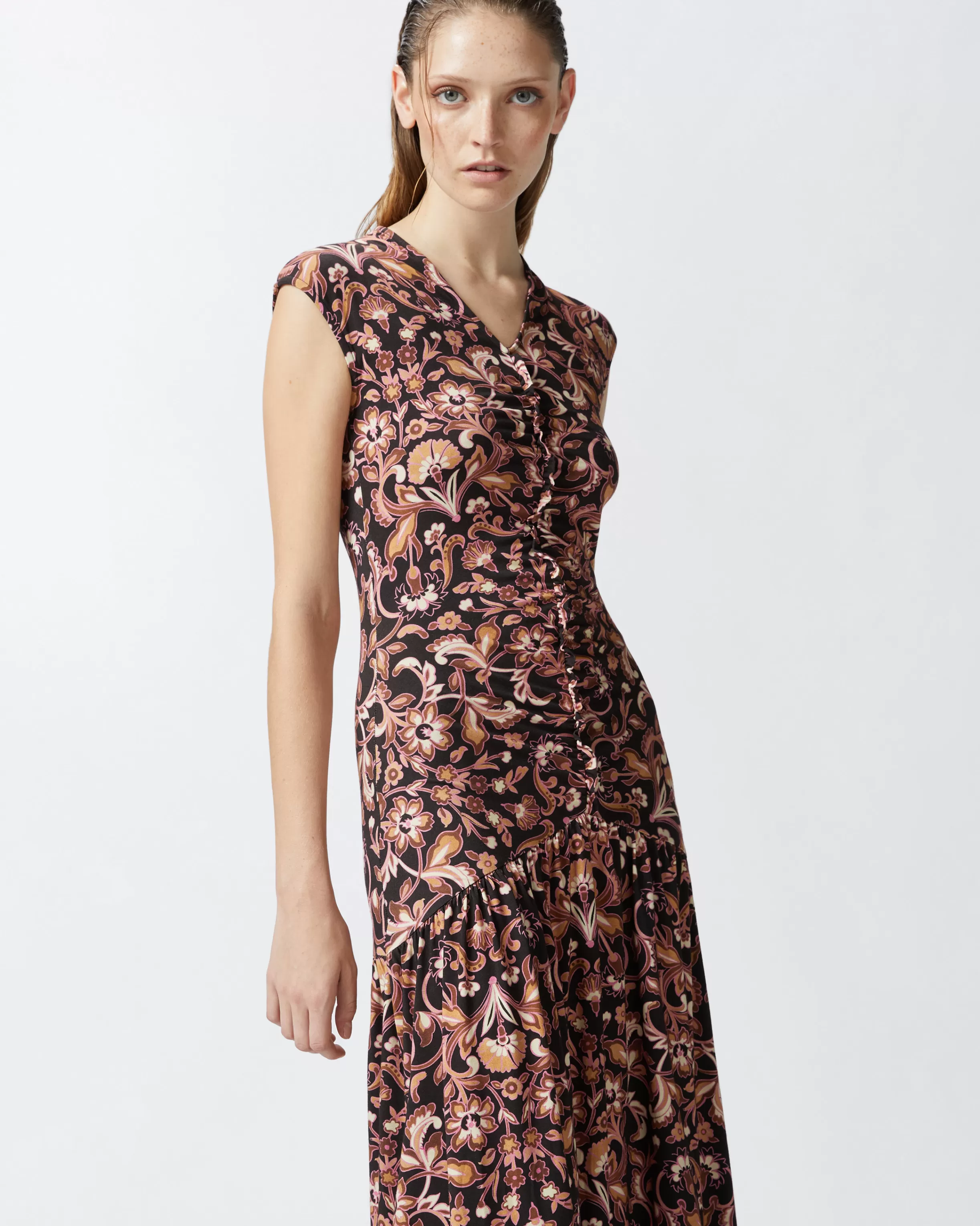 PINKO Long floral dress with flounce at the bottom