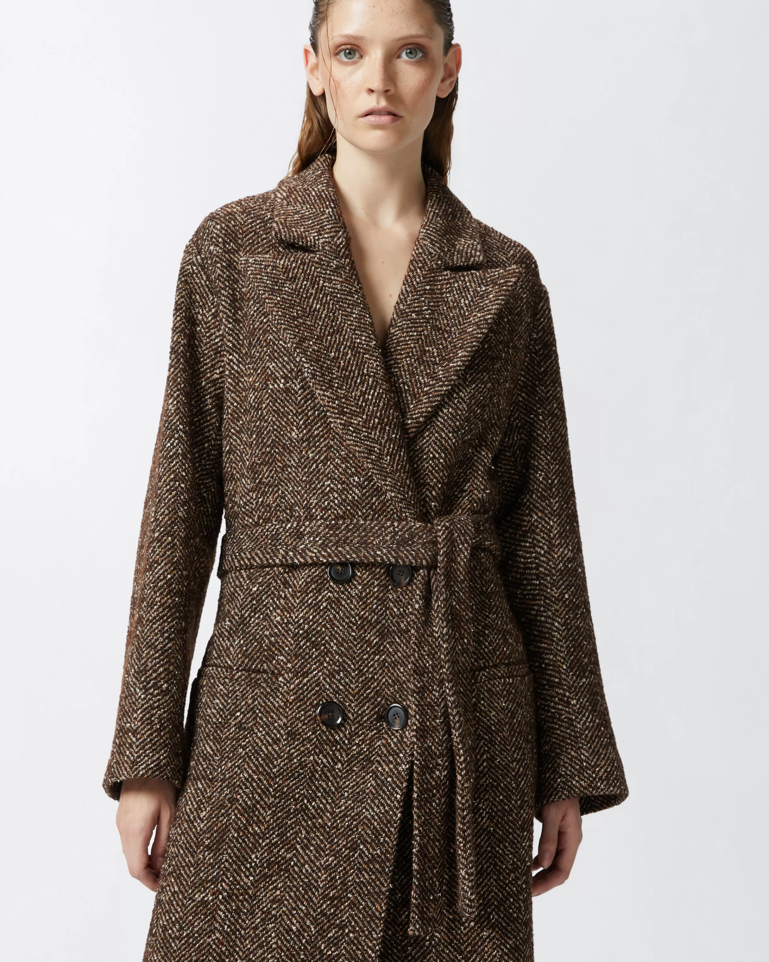 PINKO Long herringbone coat with belt