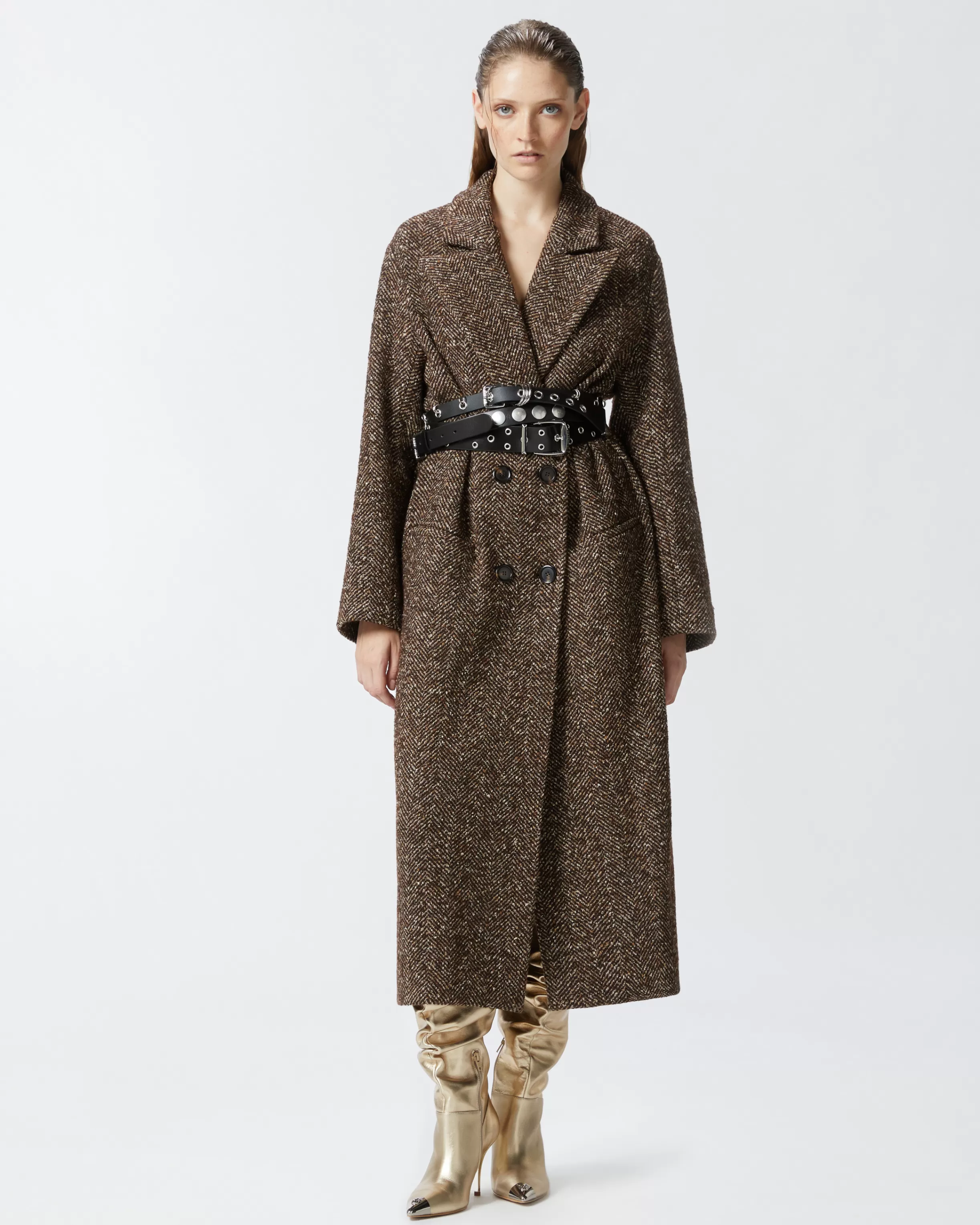 PINKO Long herringbone coat with belt