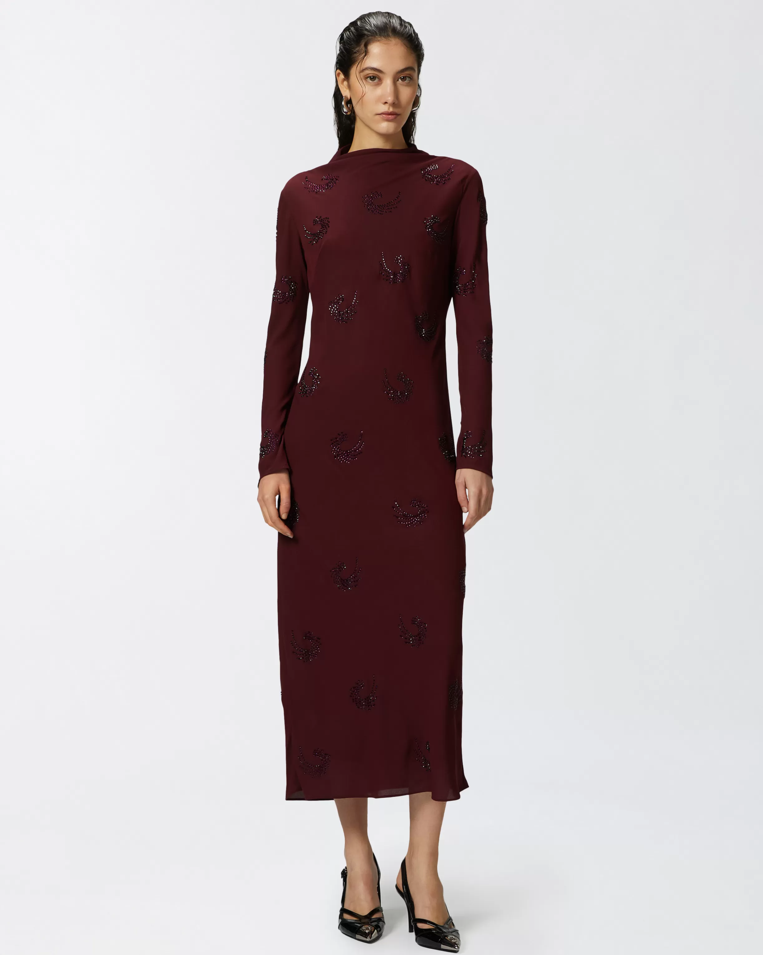 PINKO Long high-neck dress with rhinestone swirls