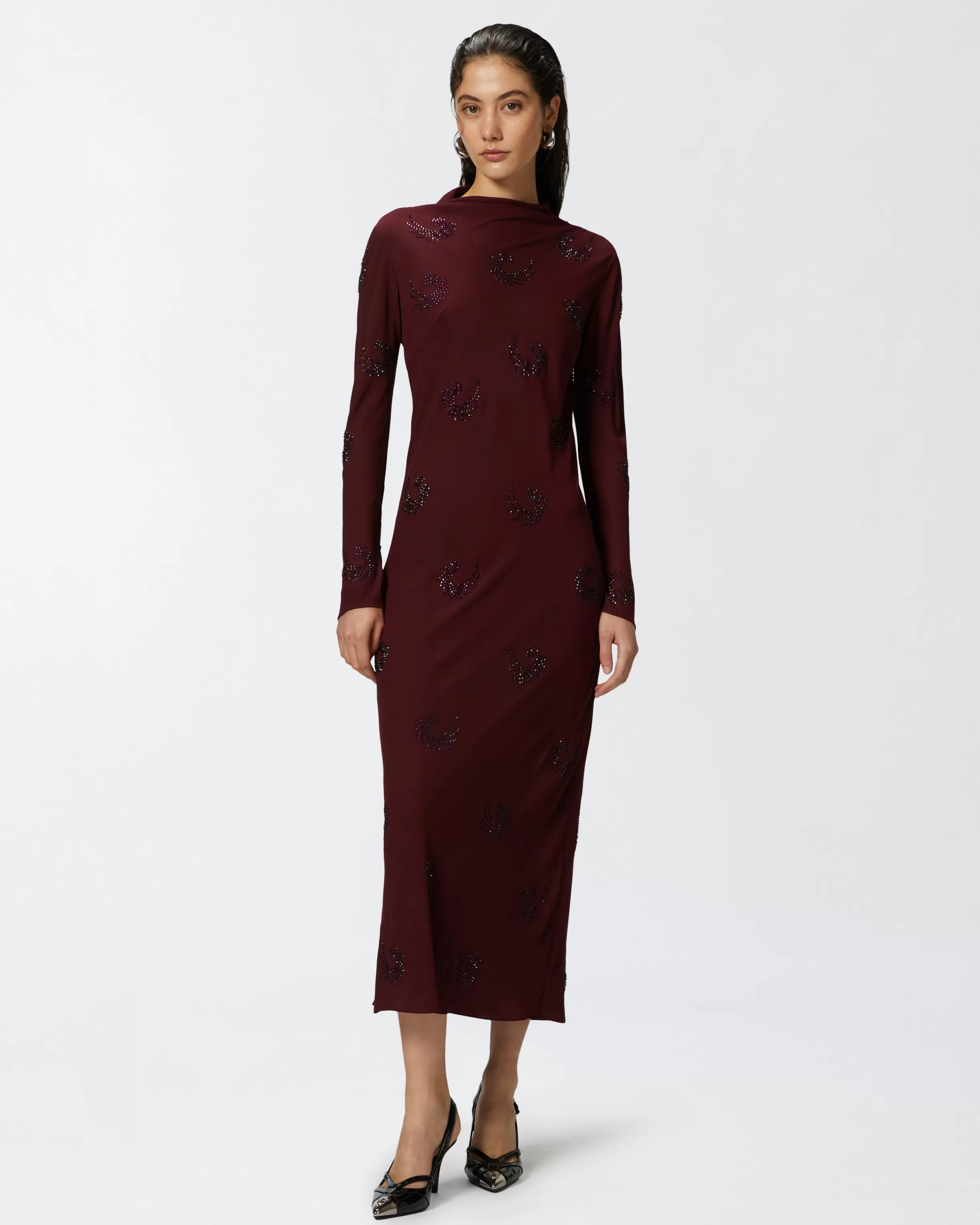 PINKO Long high-neck dress with rhinestone swirls