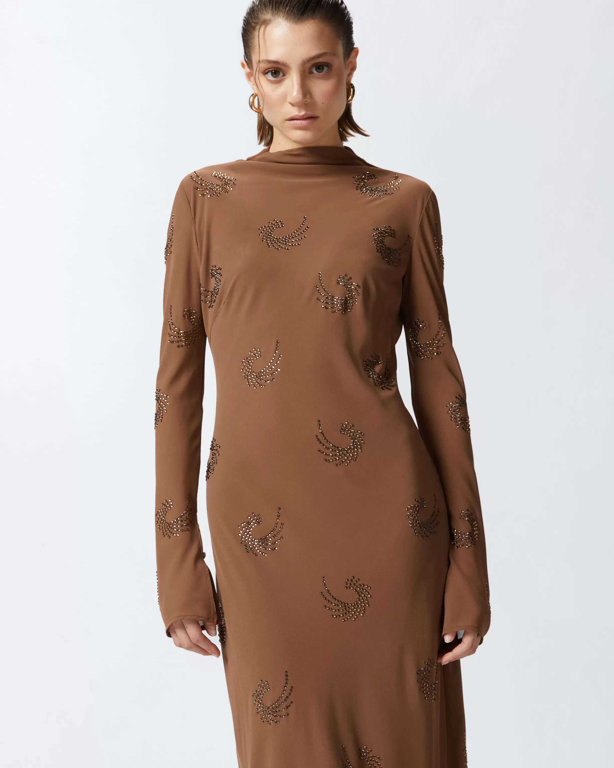 PINKO Long high-neck dress with rhinestone swirls