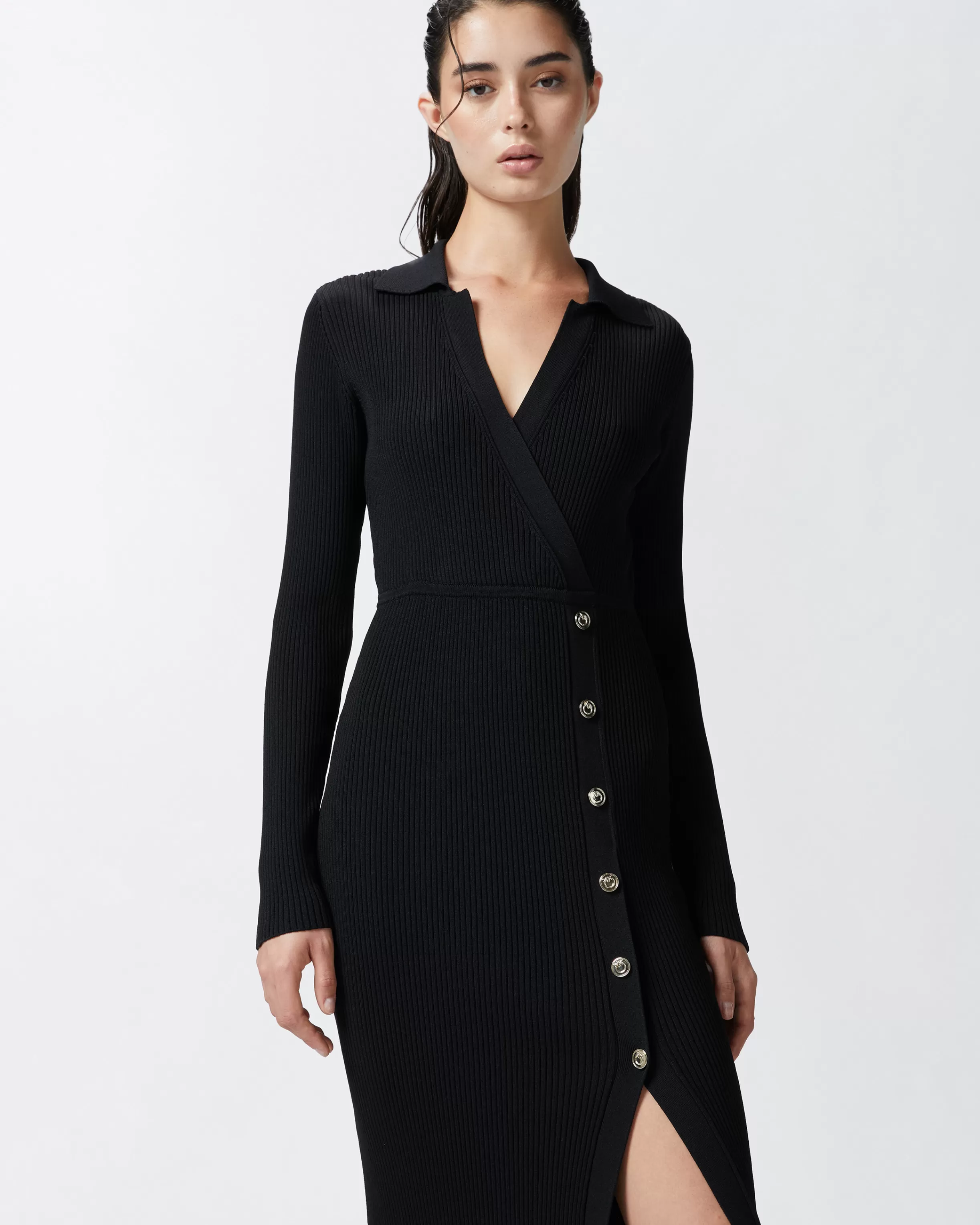 PINKO Long ribbed knit dress with golden buttons