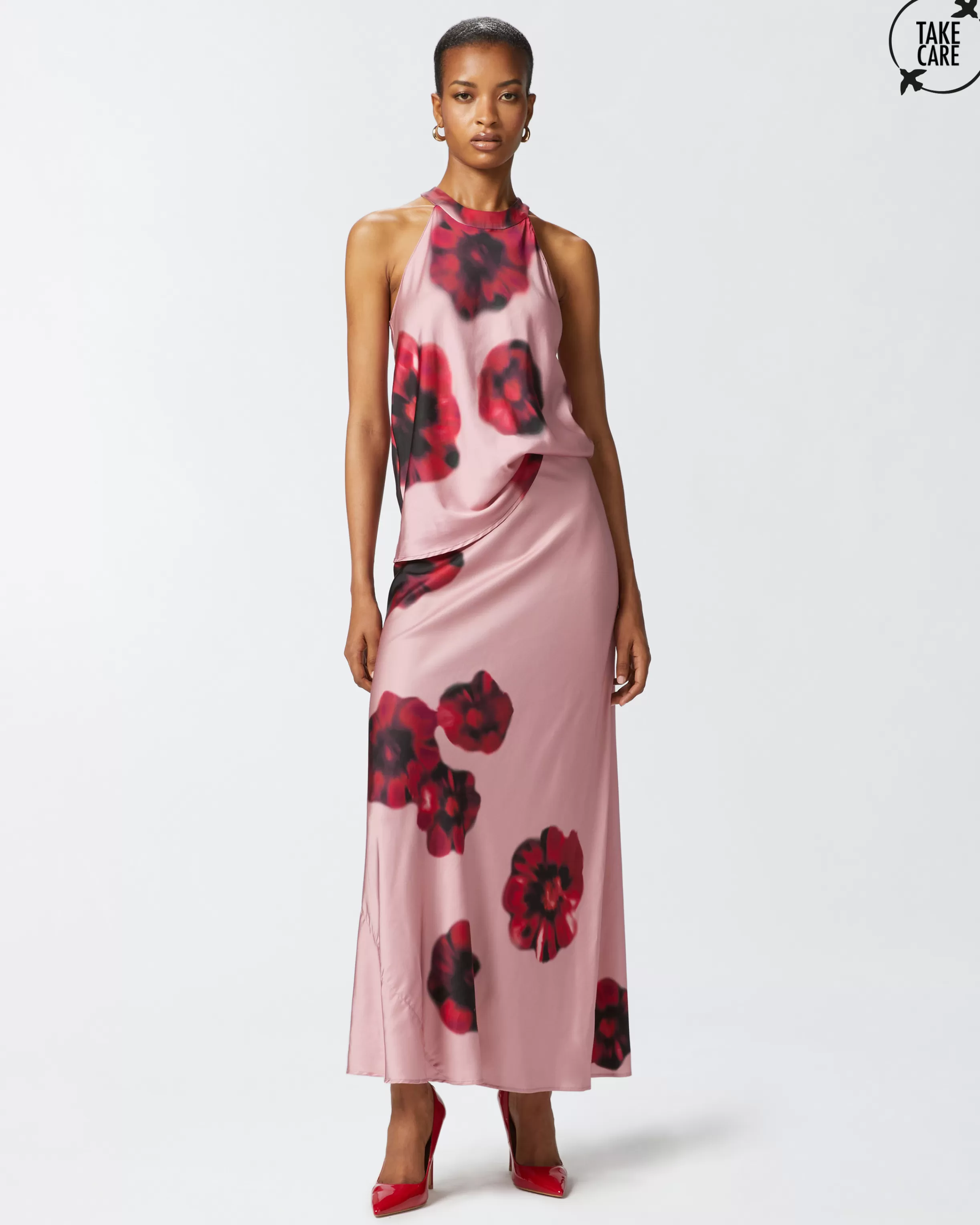 PINKO Long satin skirt with floral print