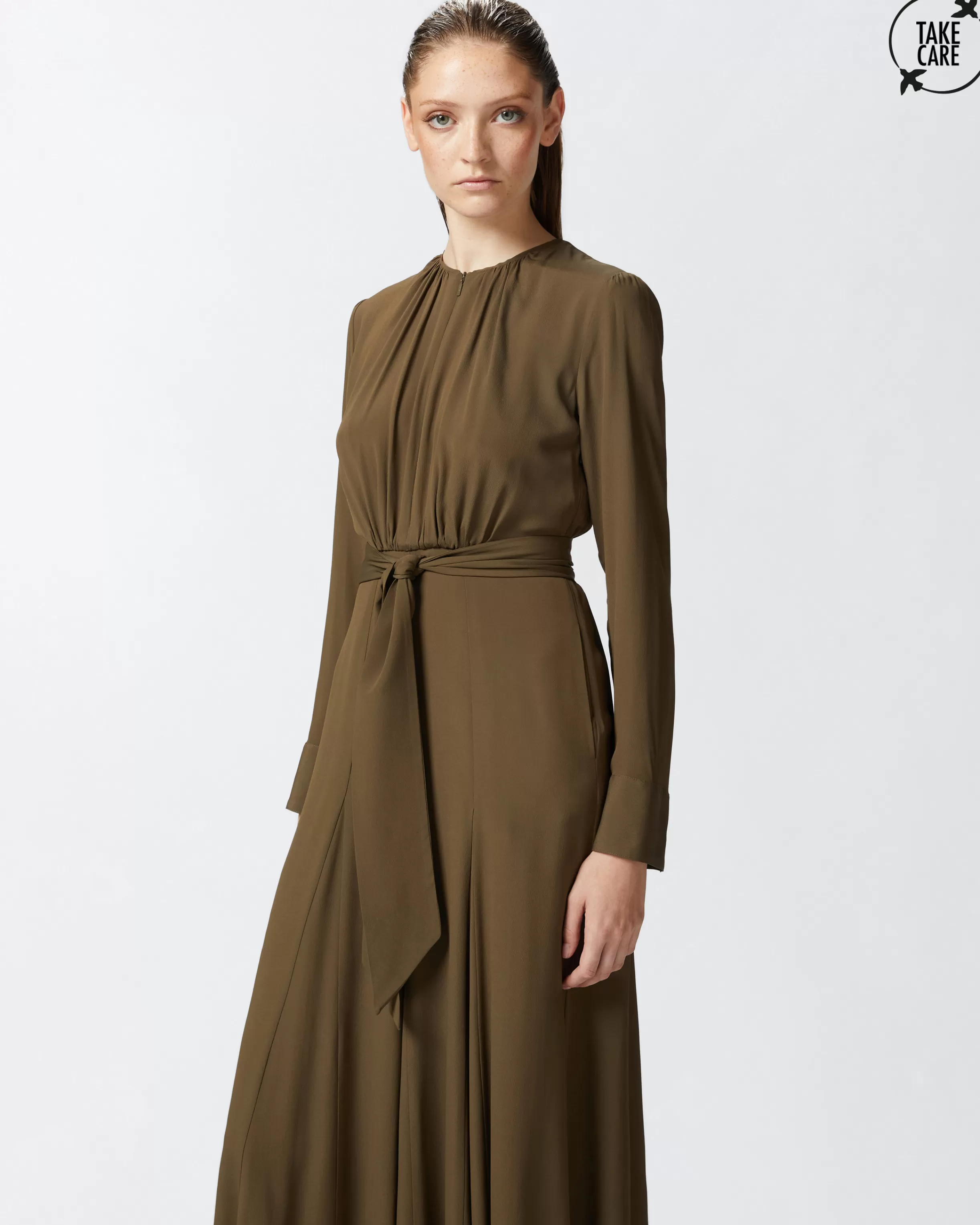 PINKO Long silk-blend dress with belt and long sleeves