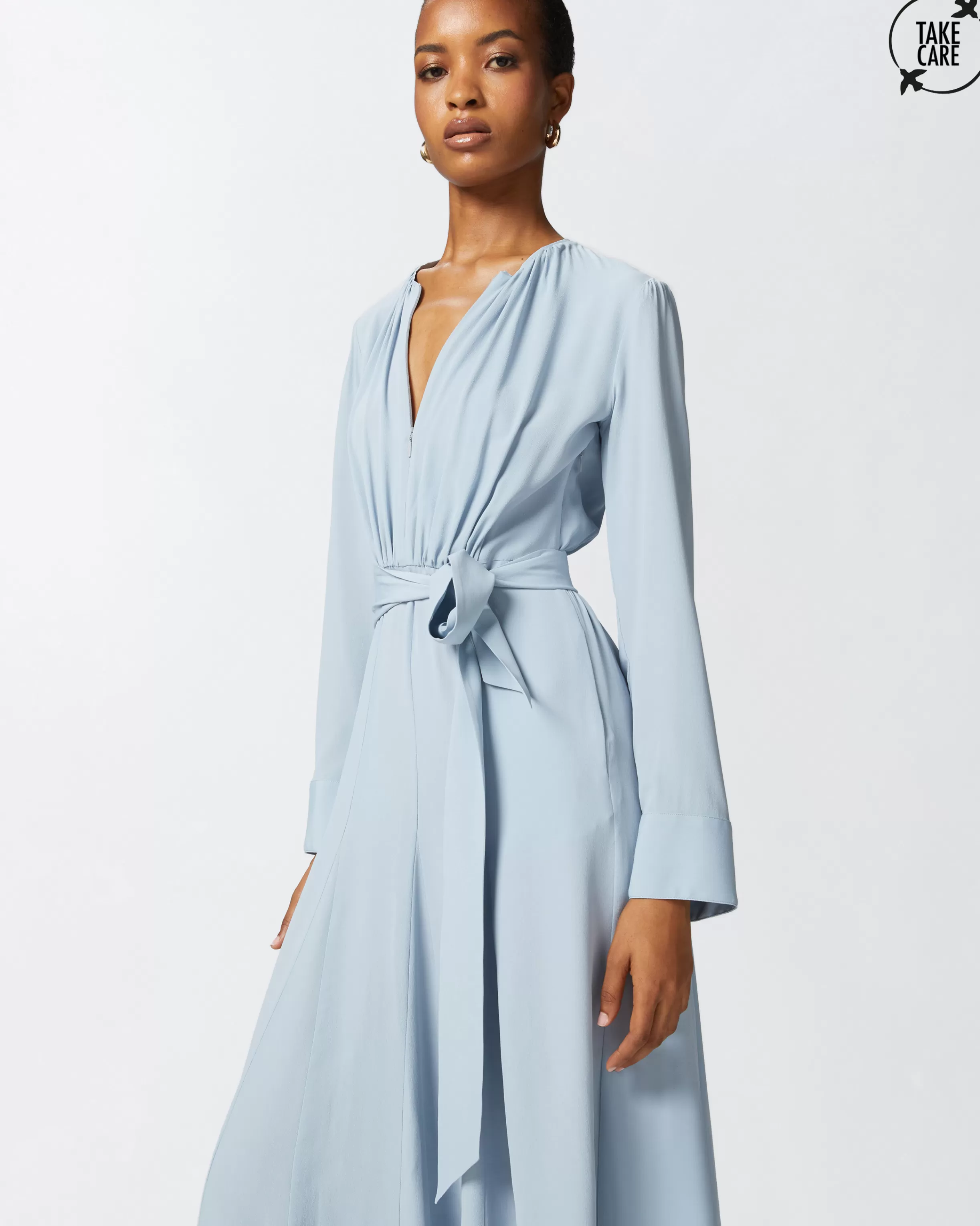 PINKO Long silk-blend dress with belt and long sleeves