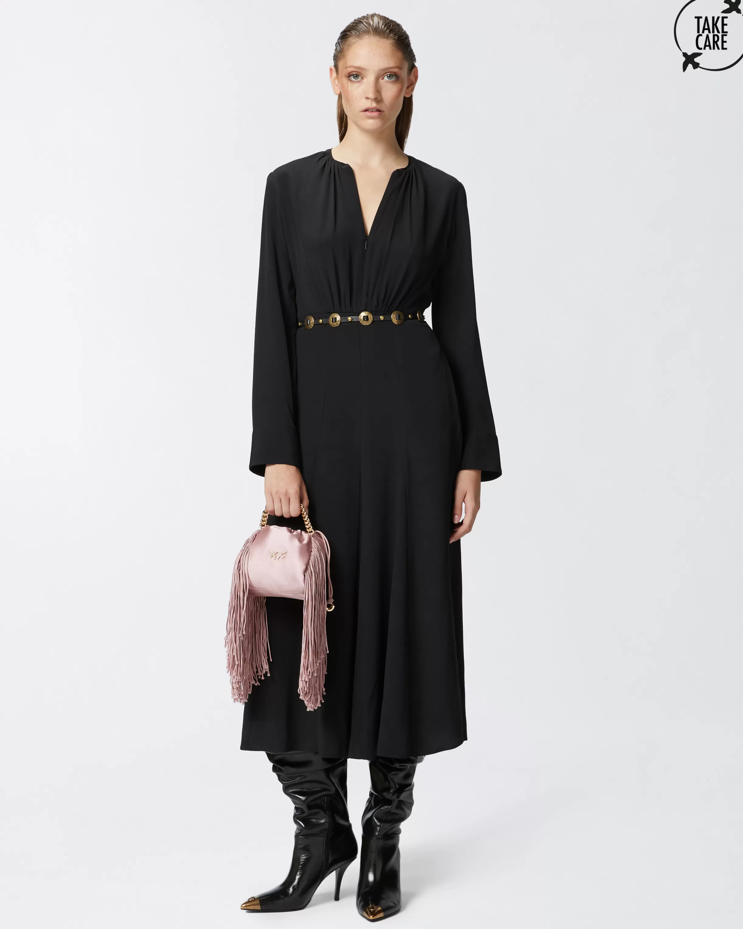 PINKO Long silk-blend dress with belt and long sleeves