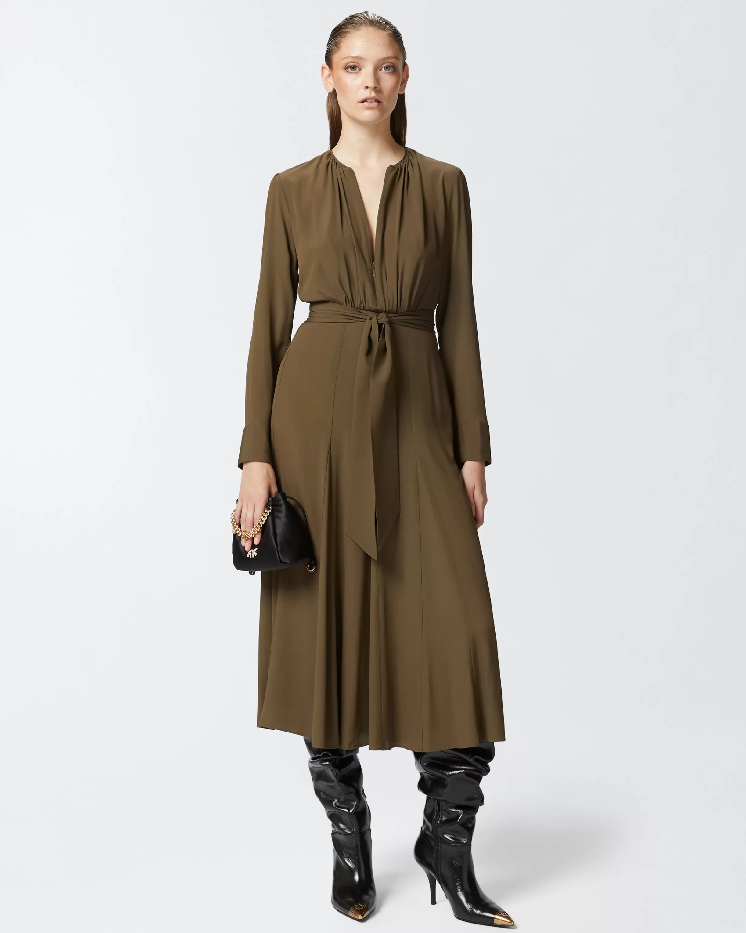 PINKO Long silk-blend dress with belt and long sleeves