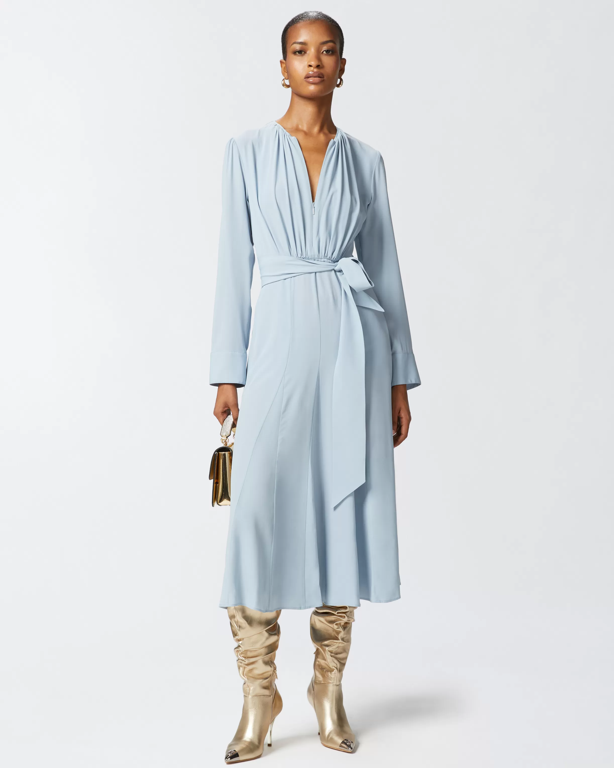 PINKO Long silk-blend dress with belt and long sleeves