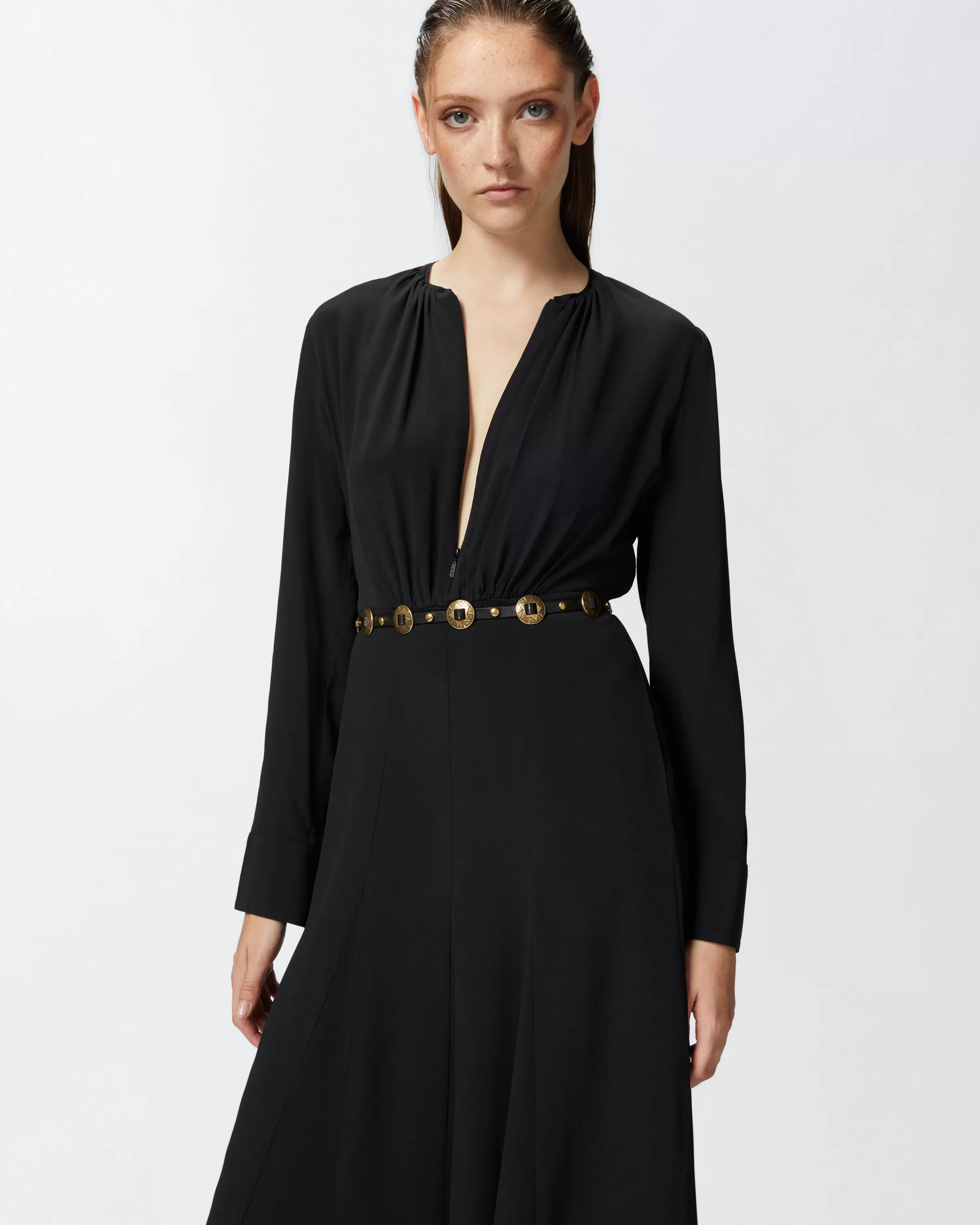 PINKO Long silk-blend dress with belt and long sleeves