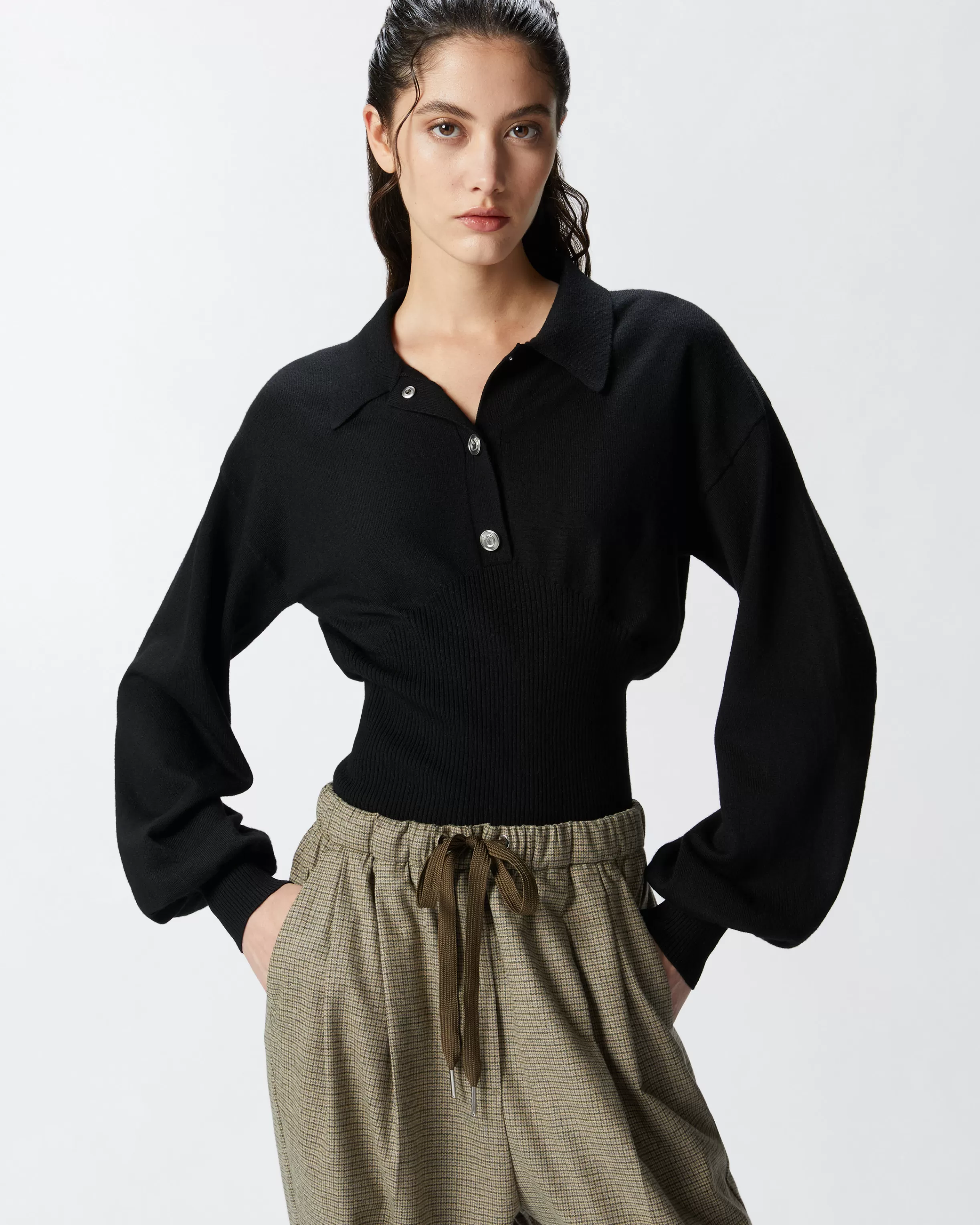 PINKO Long-sleeved ribbed polo sweater