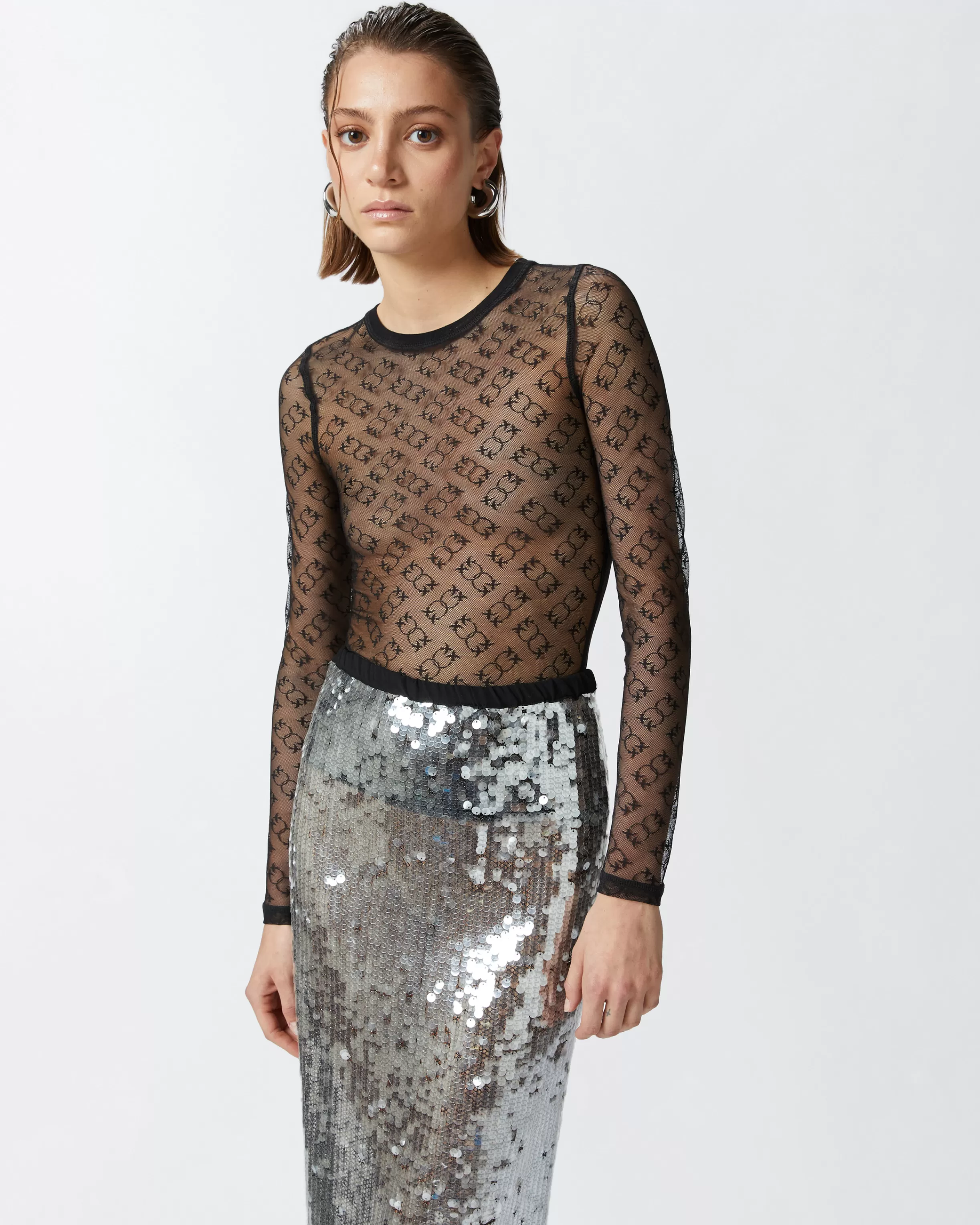 PINKO Monogram transparent lace long-sleeved jersey