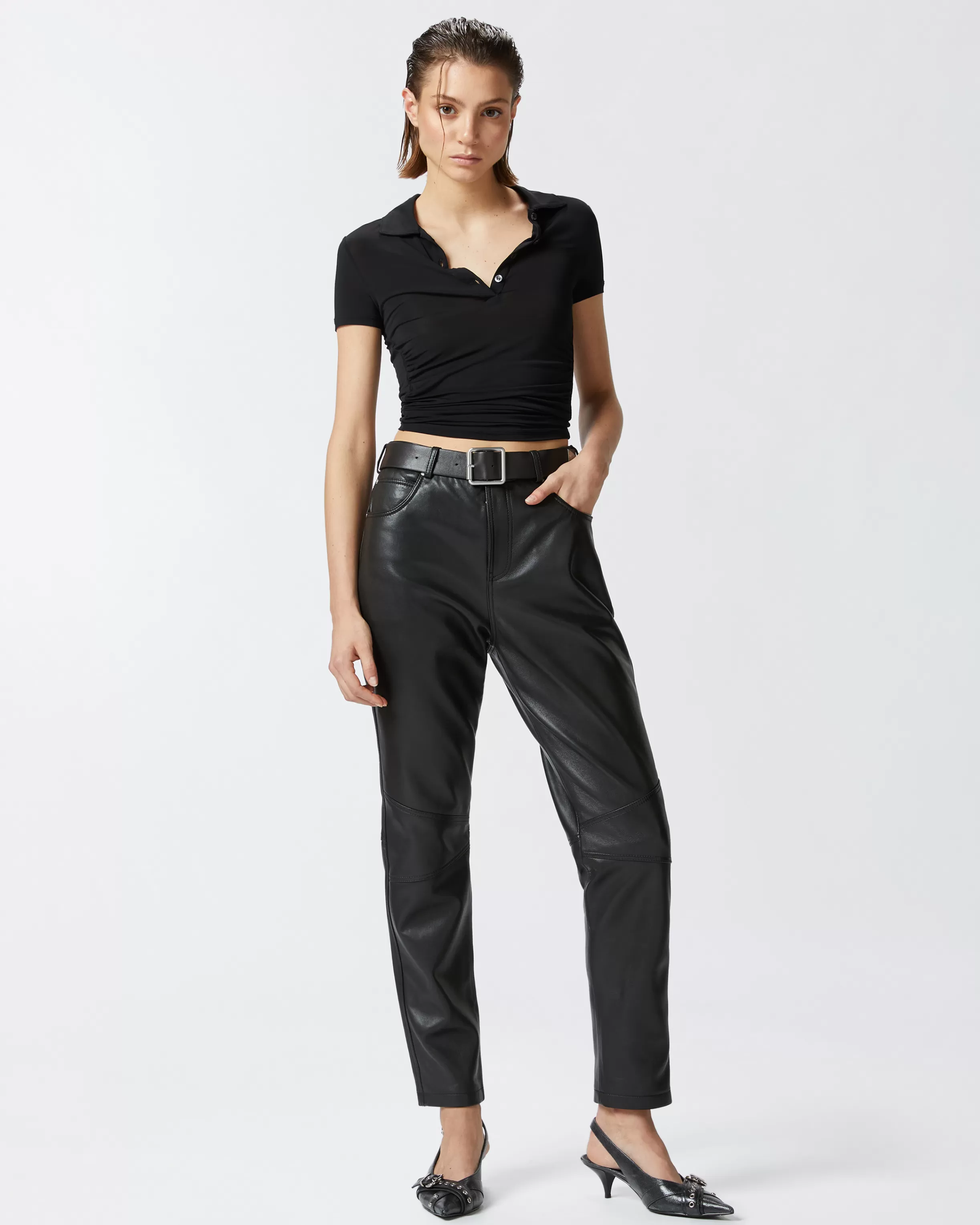 PINKO Nappa leather long trousers with belt