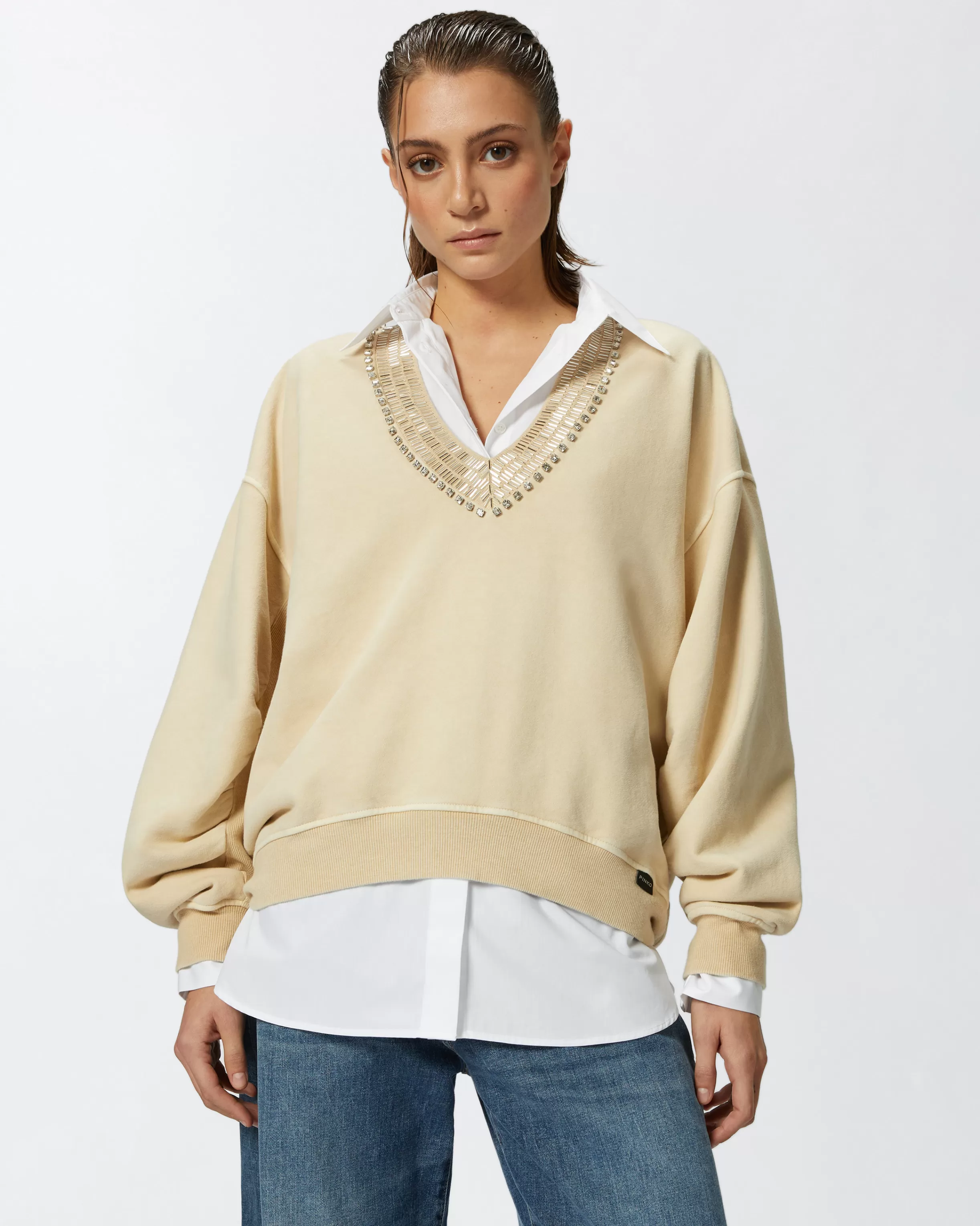 PINKO Oversized sweatshirt with shiny embroidered neck