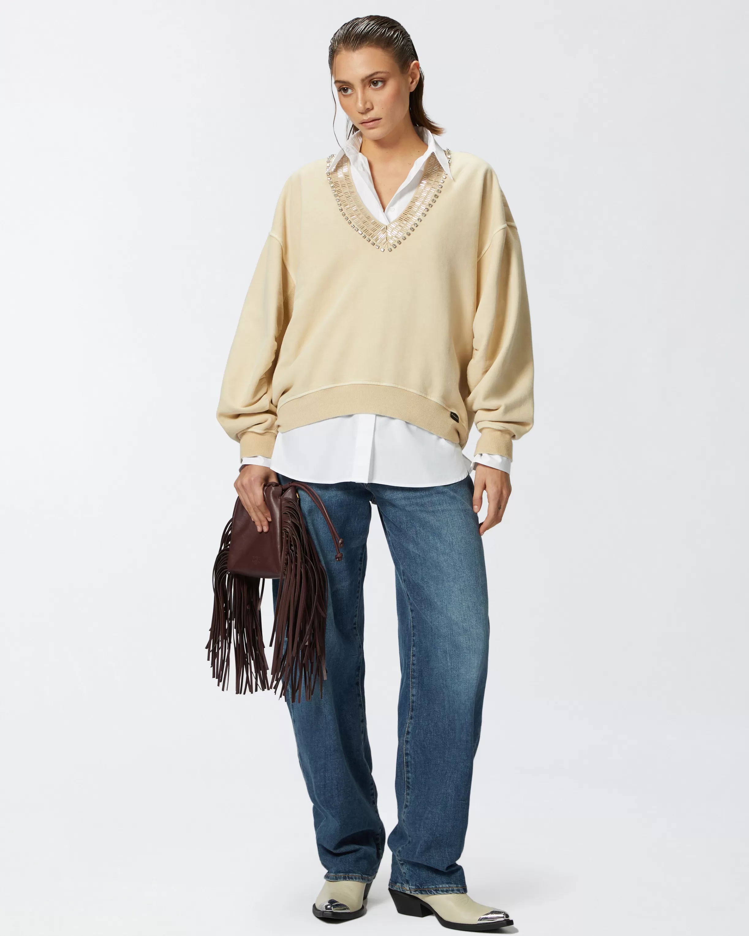 PINKO Oversized sweatshirt with shiny embroidered neck