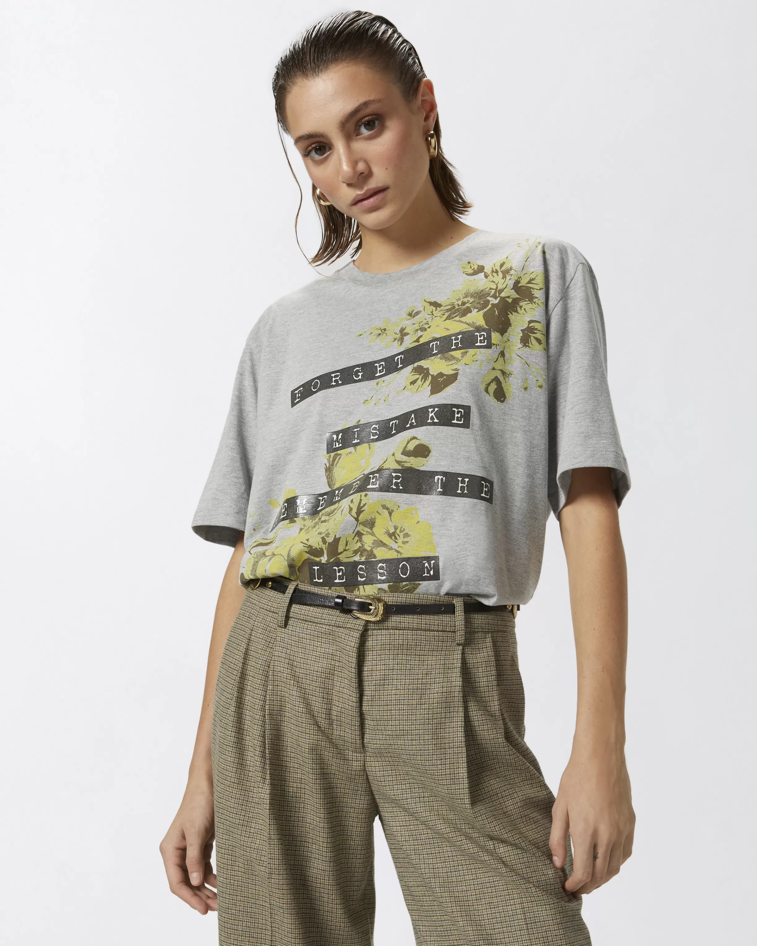 PINKO Oversized T-shirt with rose print and writing