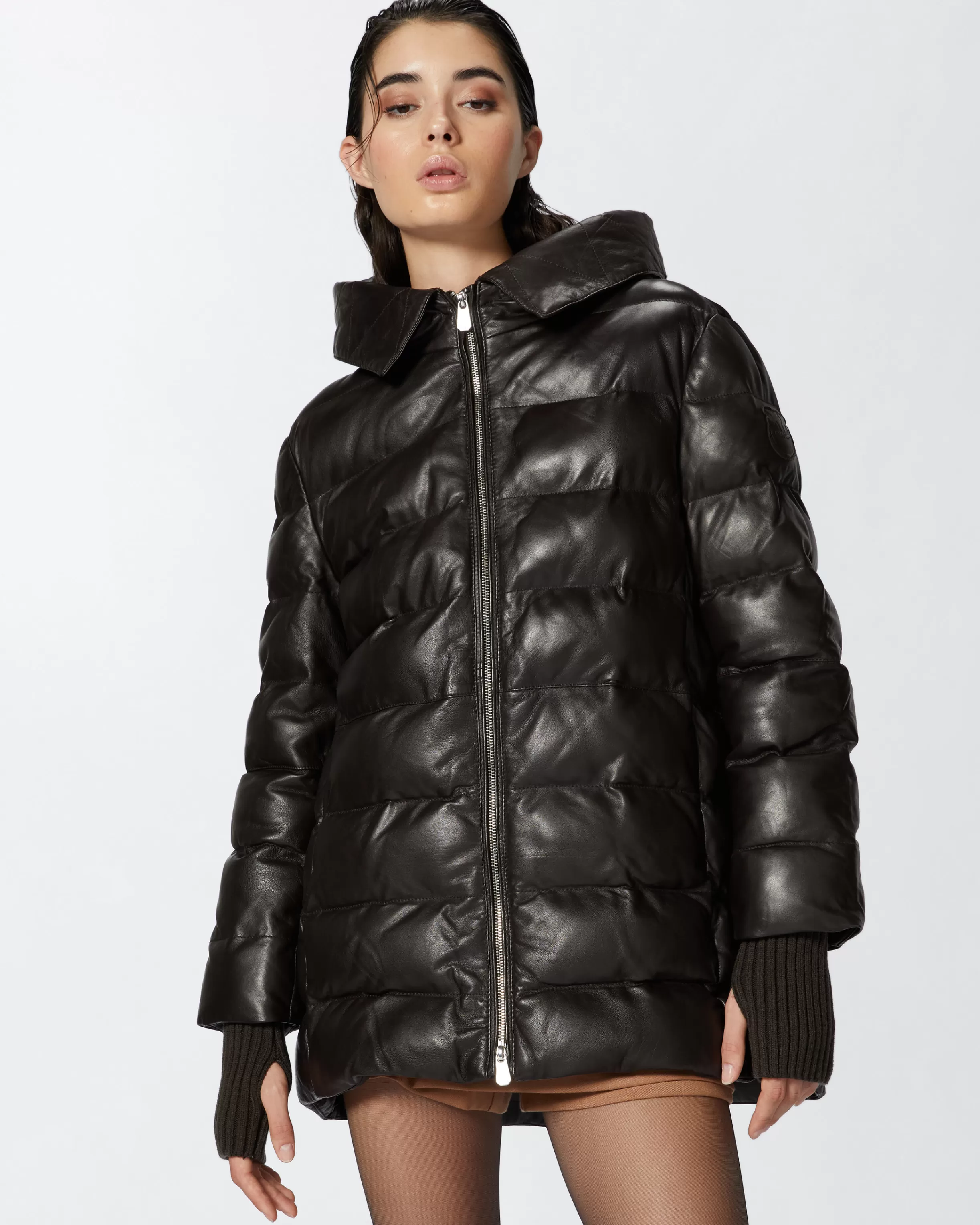 PINKO Padded leather puffer with hood