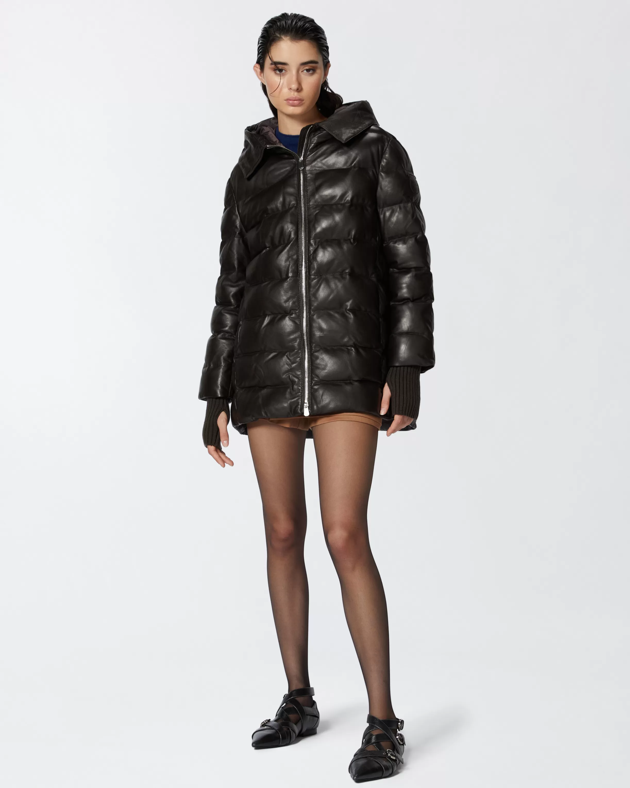 PINKO Padded leather puffer with hood