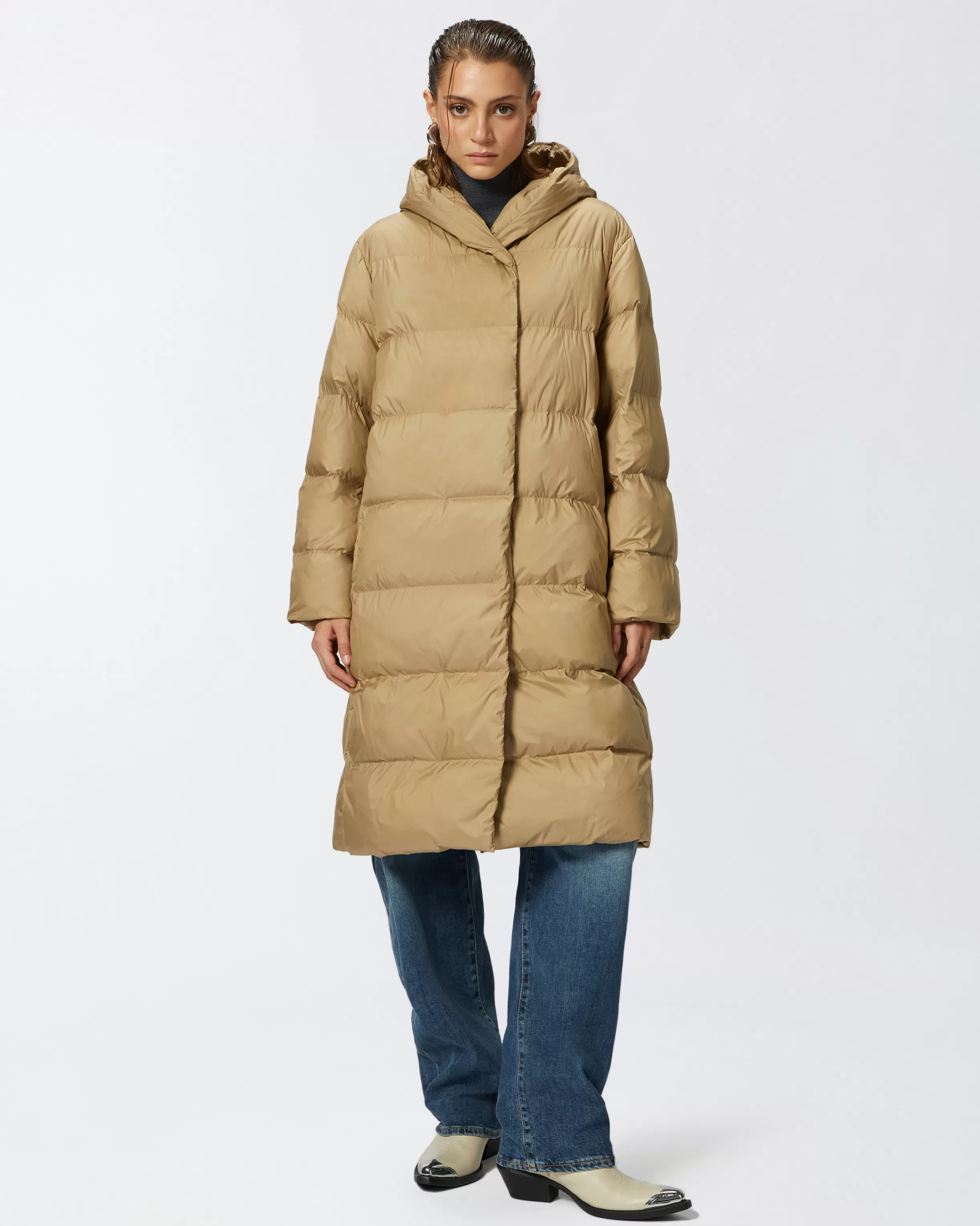 PINKO Padded technical canvas pea coat with belt