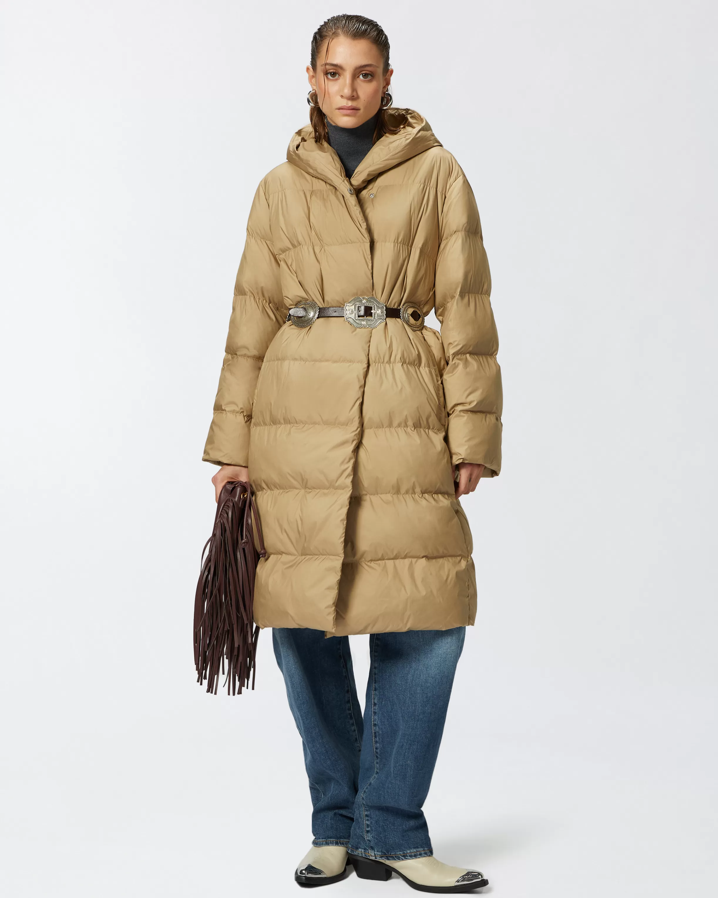 PINKO Padded technical canvas pea coat with belt