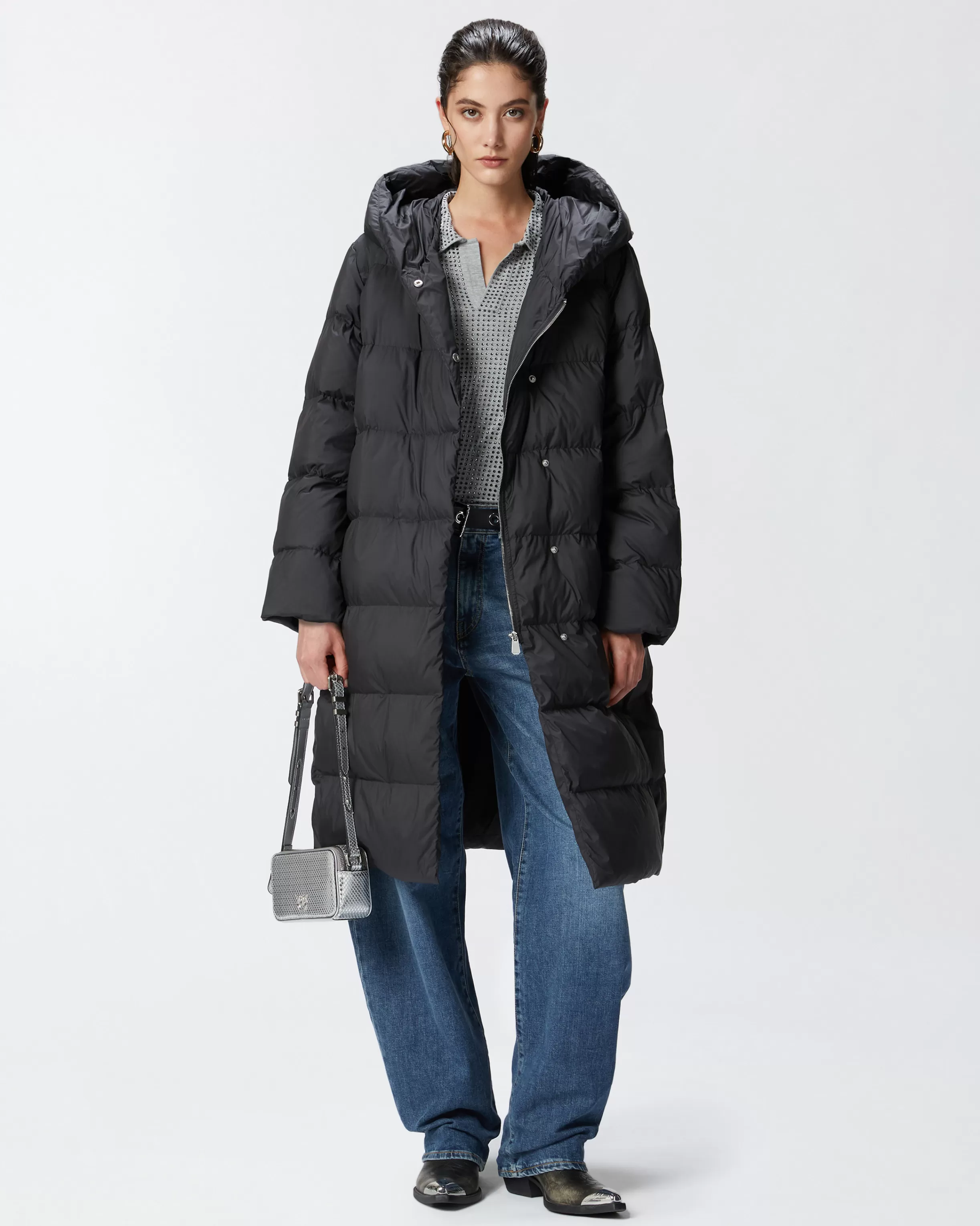 PINKO Padded technical canvas pea coat with belt