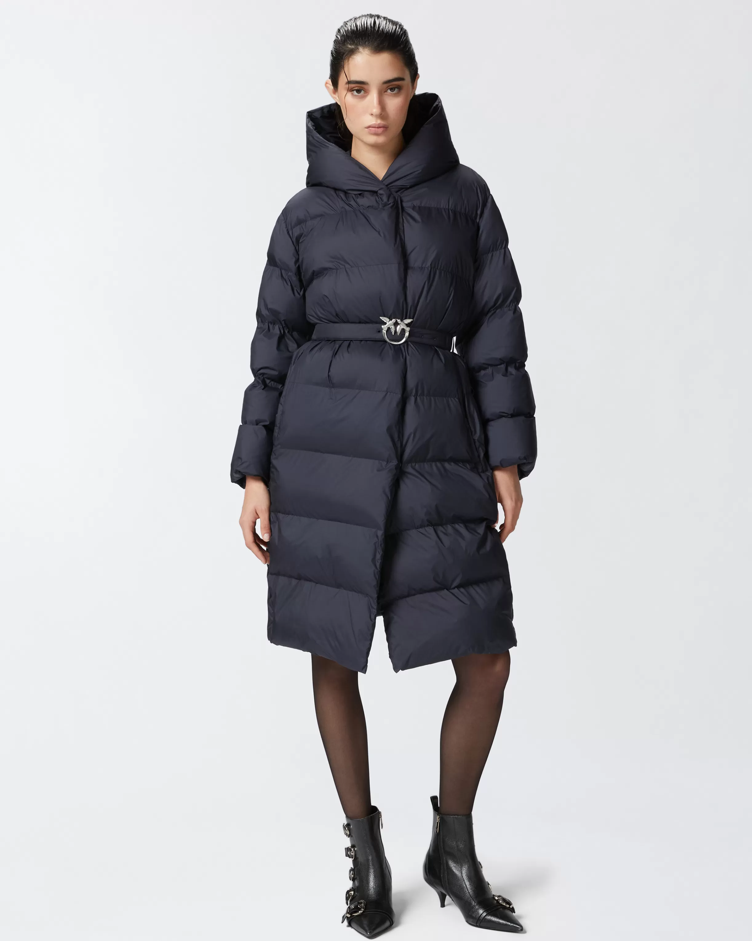 PINKO Padded technical canvas pea coat with belt