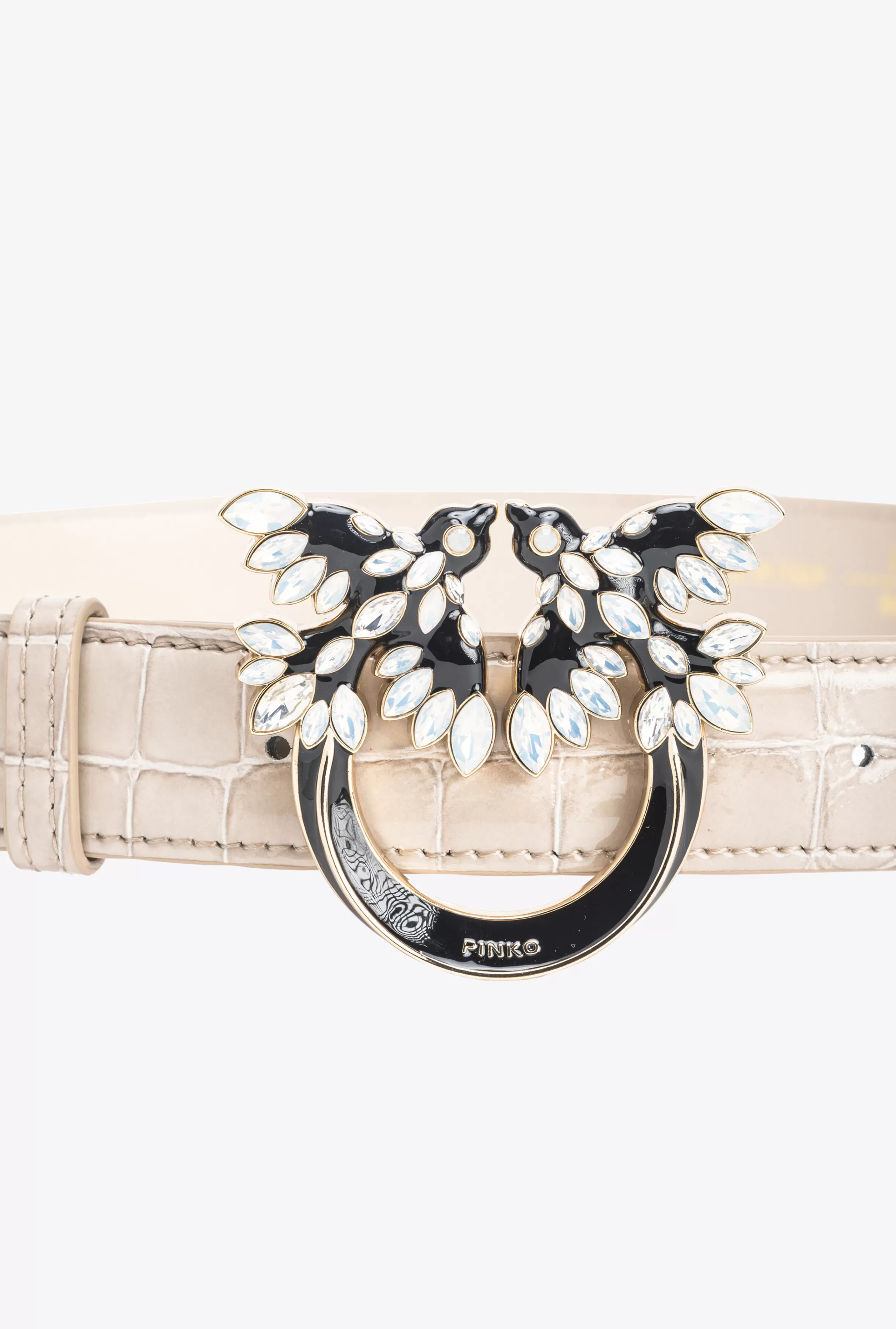 PINKO Galleria 3cm shiny croc-print belt with Love Birds buckle