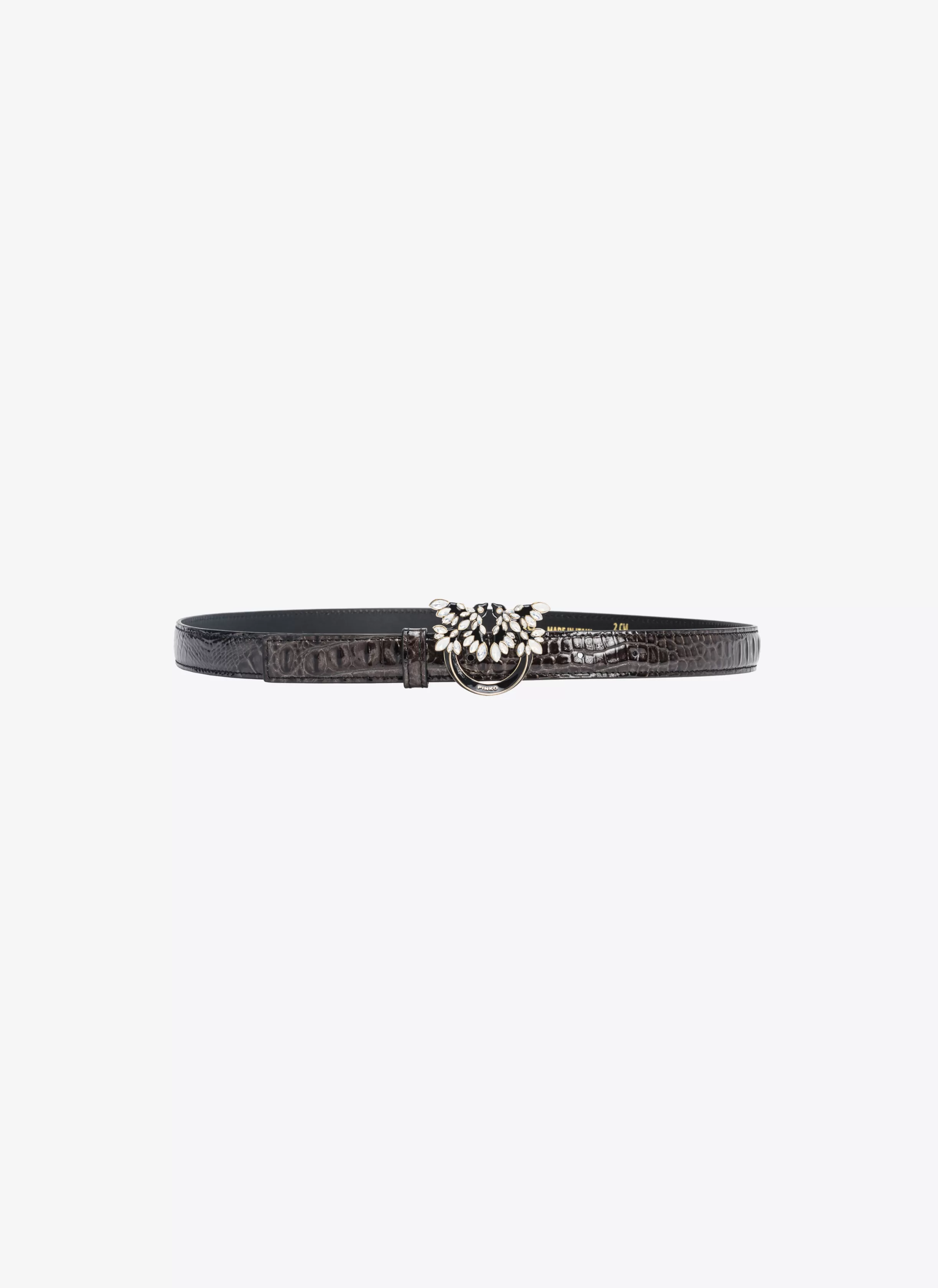 PINKO Galleria thin 2cm croc-print belt with Love Birds buckle