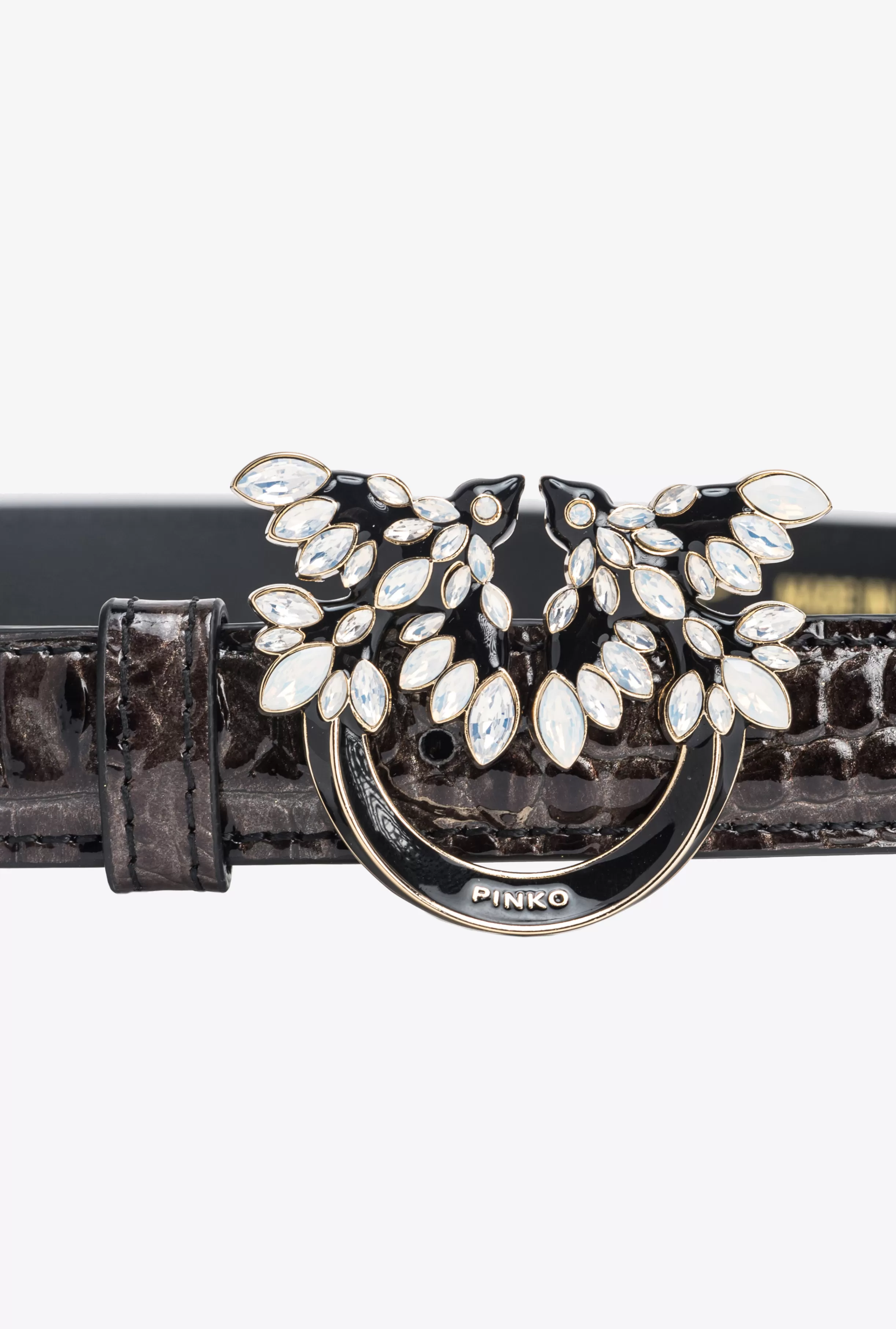 PINKO Galleria thin 2cm croc-print belt with Love Birds buckle