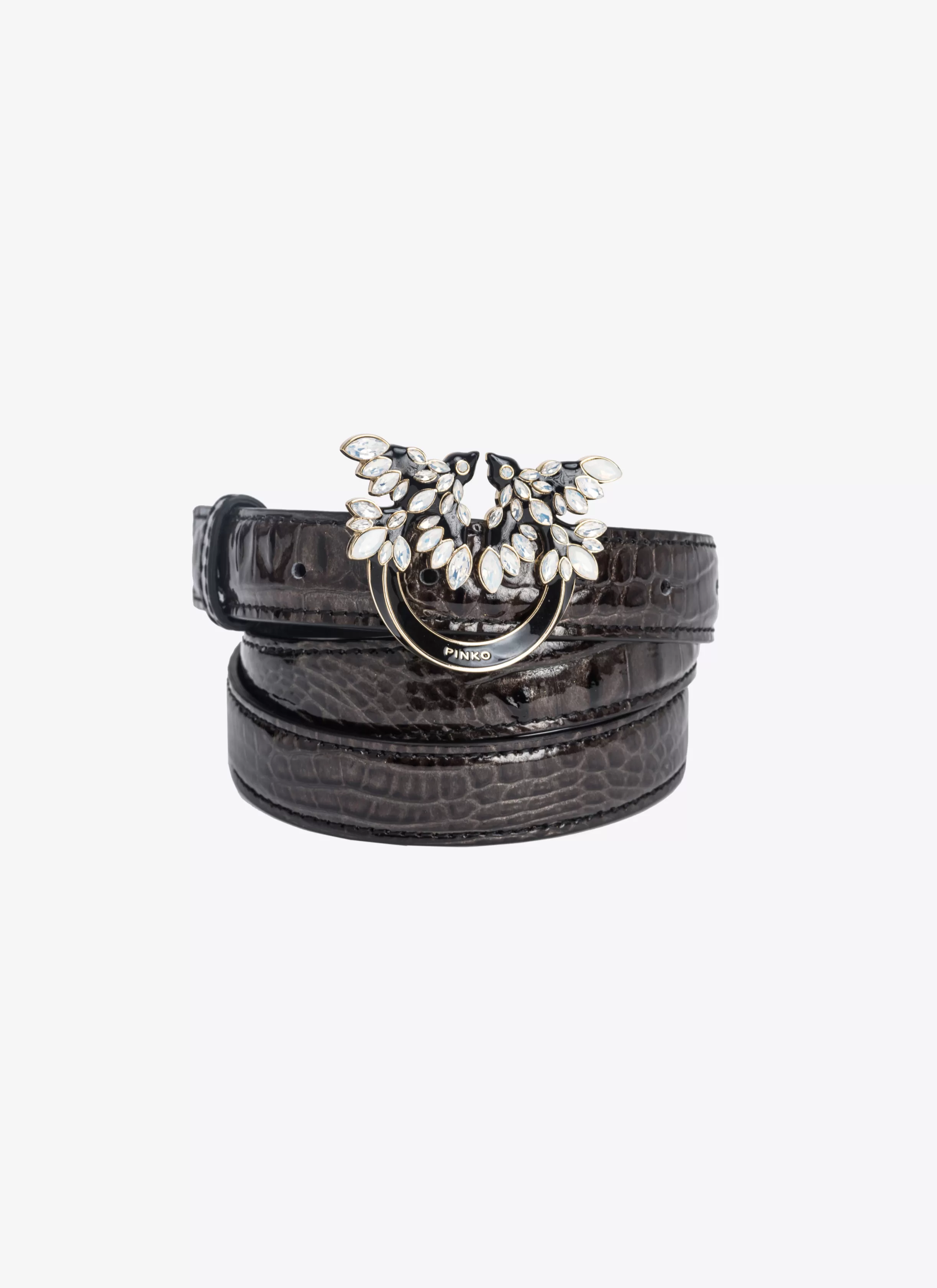 PINKO Galleria thin 2cm croc-print belt with Love Birds buckle