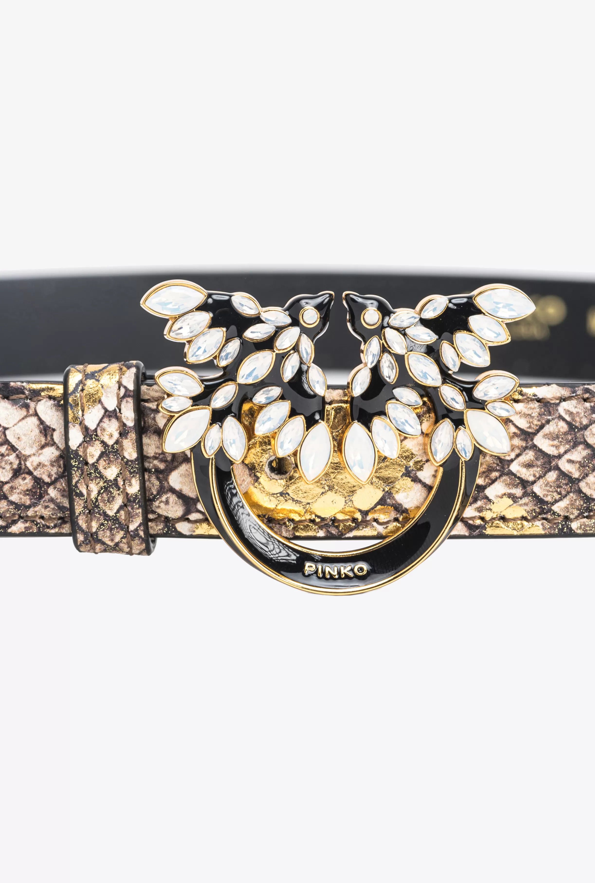 PINKO Galleria thin 2cm laminated reptile-print belt with Love Birds buckle