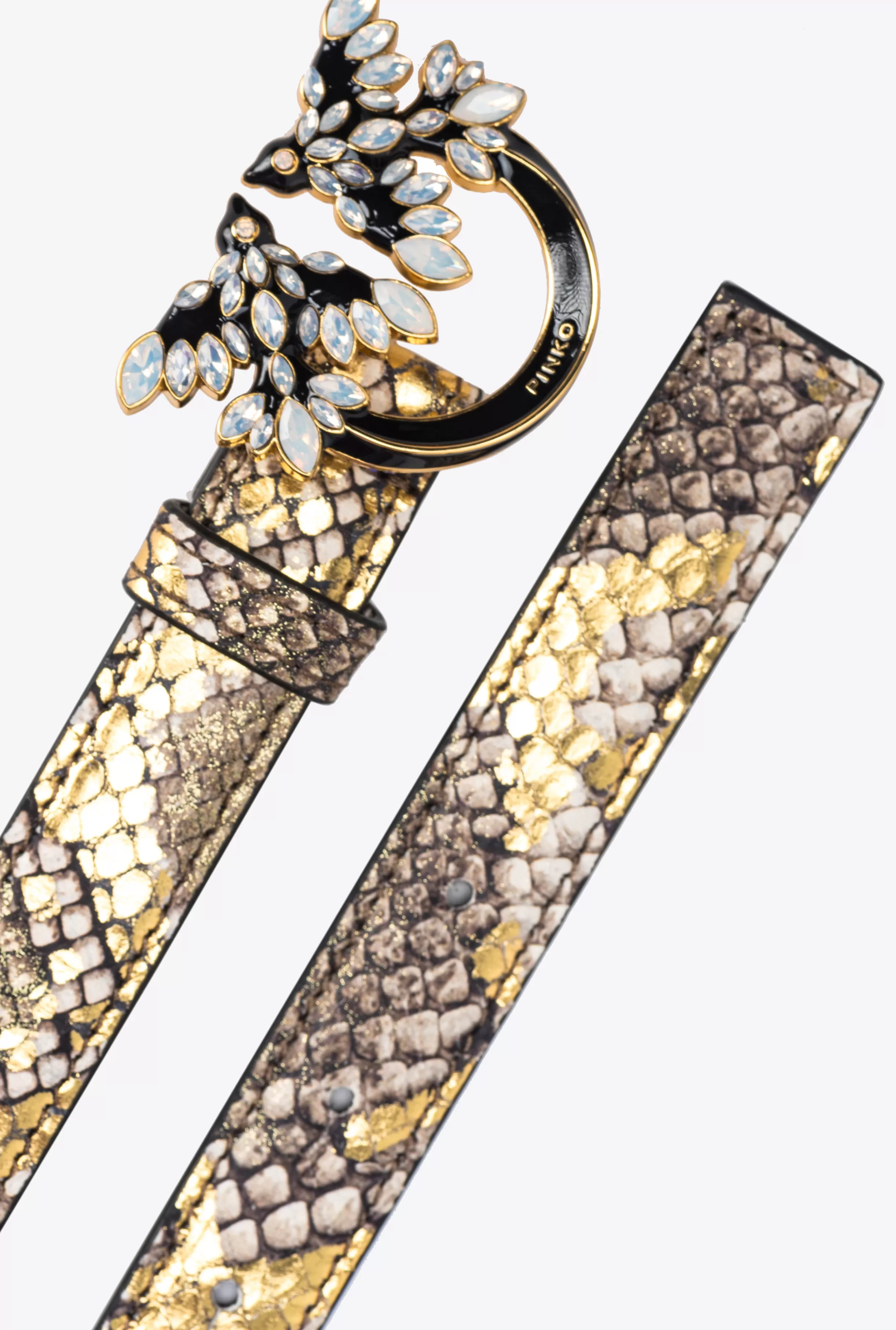 PINKO Galleria thin 2cm laminated reptile-print belt with Love Birds buckle