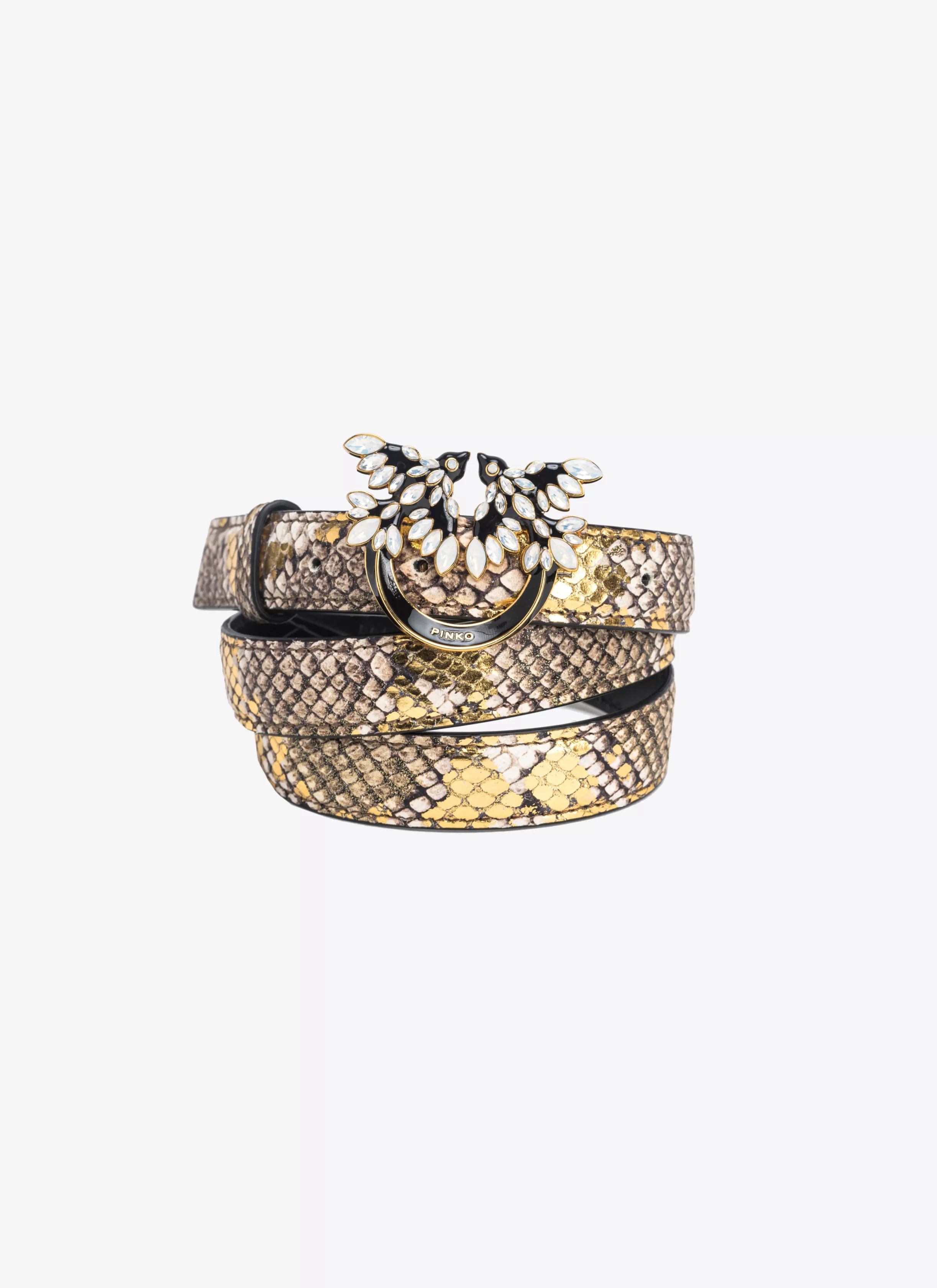 PINKO Galleria thin 2cm laminated reptile-print belt with Love Birds buckle