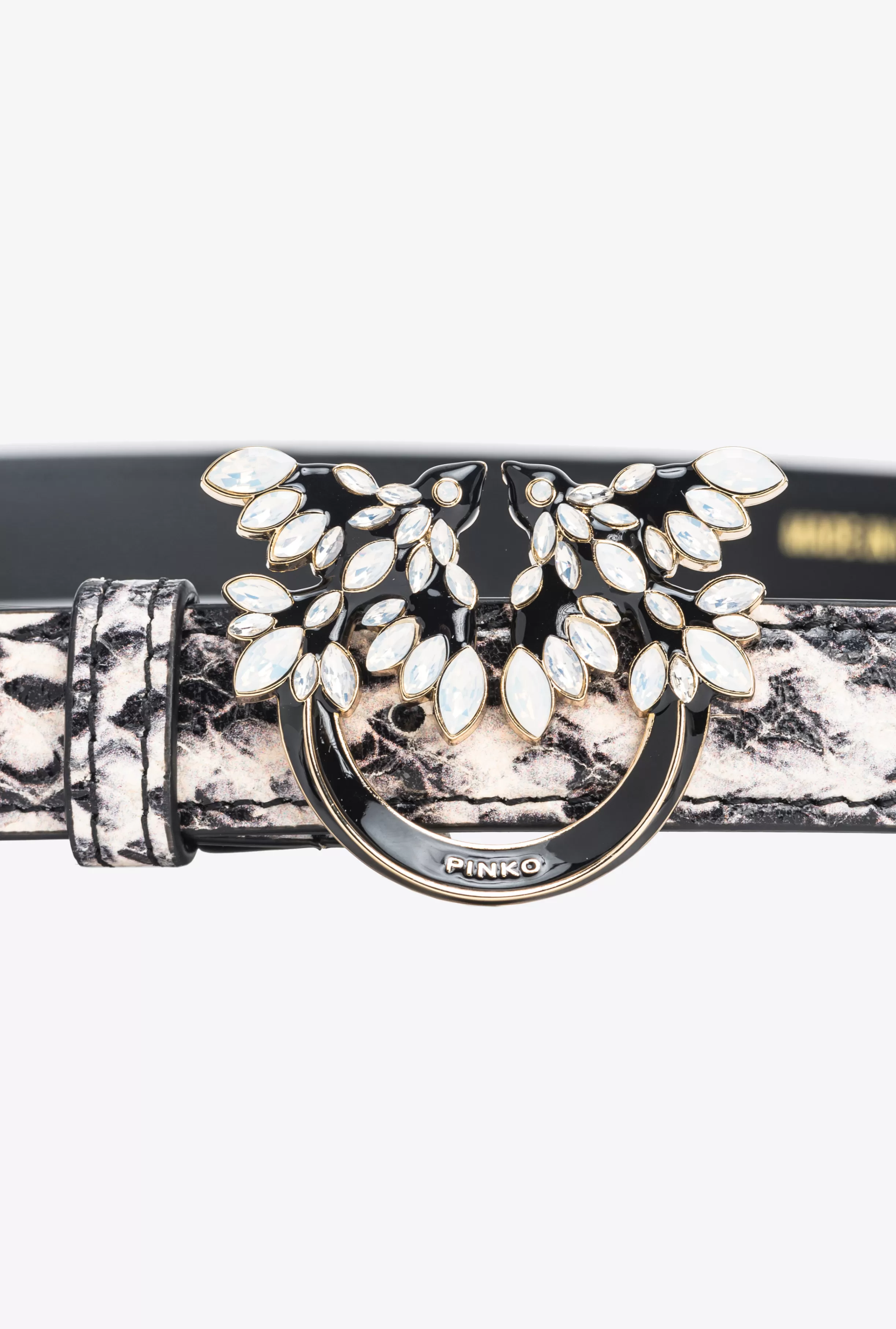 PINKO Galleria thin 2cm reptile-print belt with Love Birds buckle