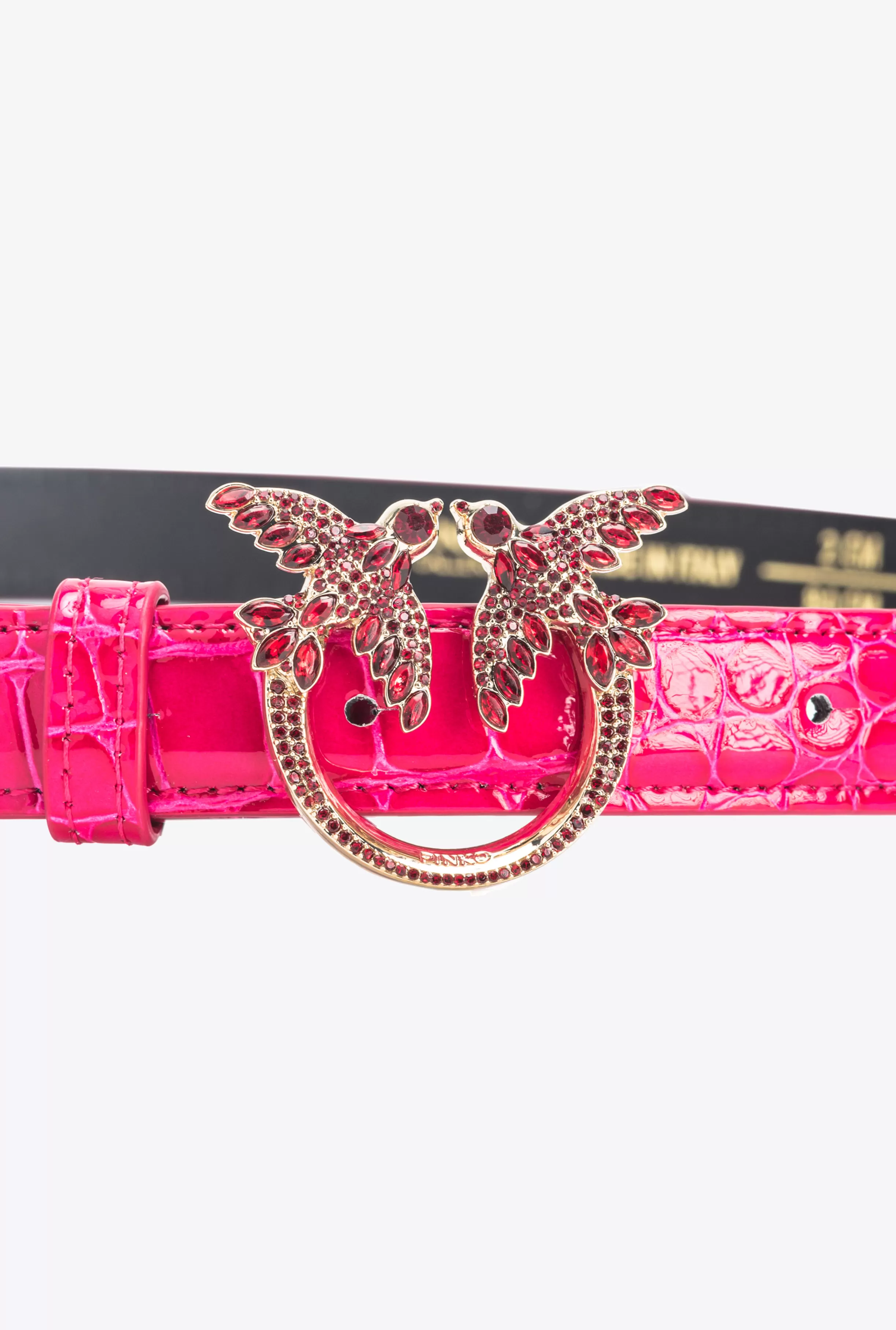 PINKO Galleria thin 2cm shiny coloured croc-print belt with Love Birds buckle