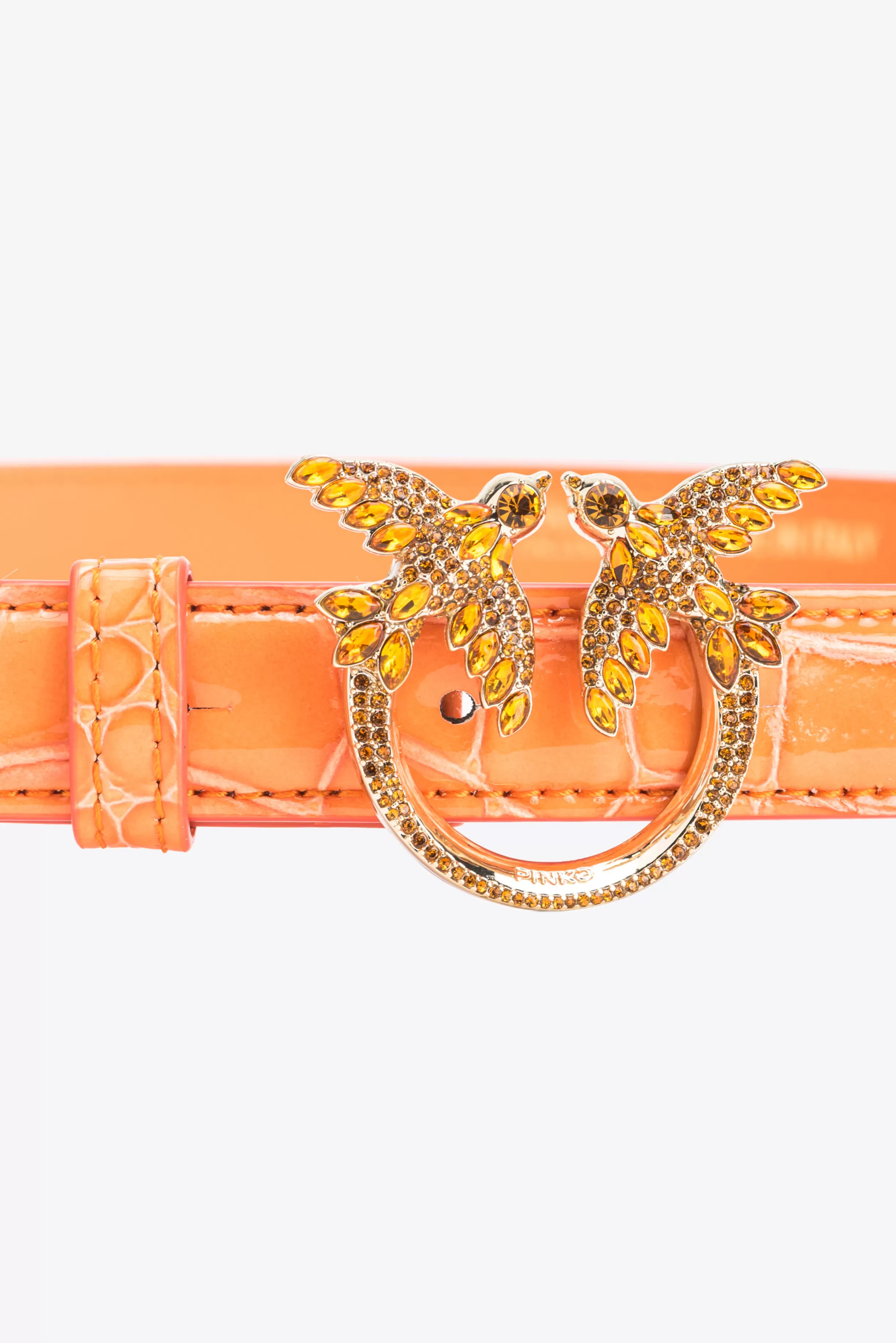 PINKO Galleria thin 2cm shiny coloured croc-print belt with Love Birds buckle