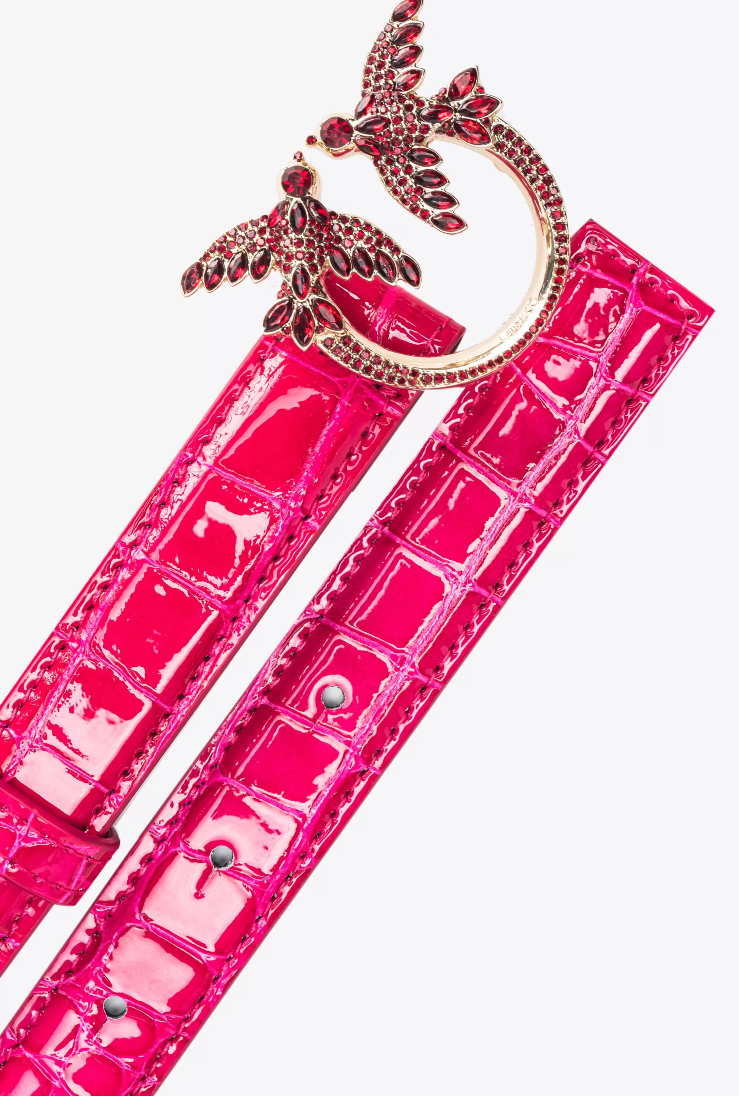 PINKO Galleria thin 2cm shiny coloured croc-print belt with Love Birds buckle