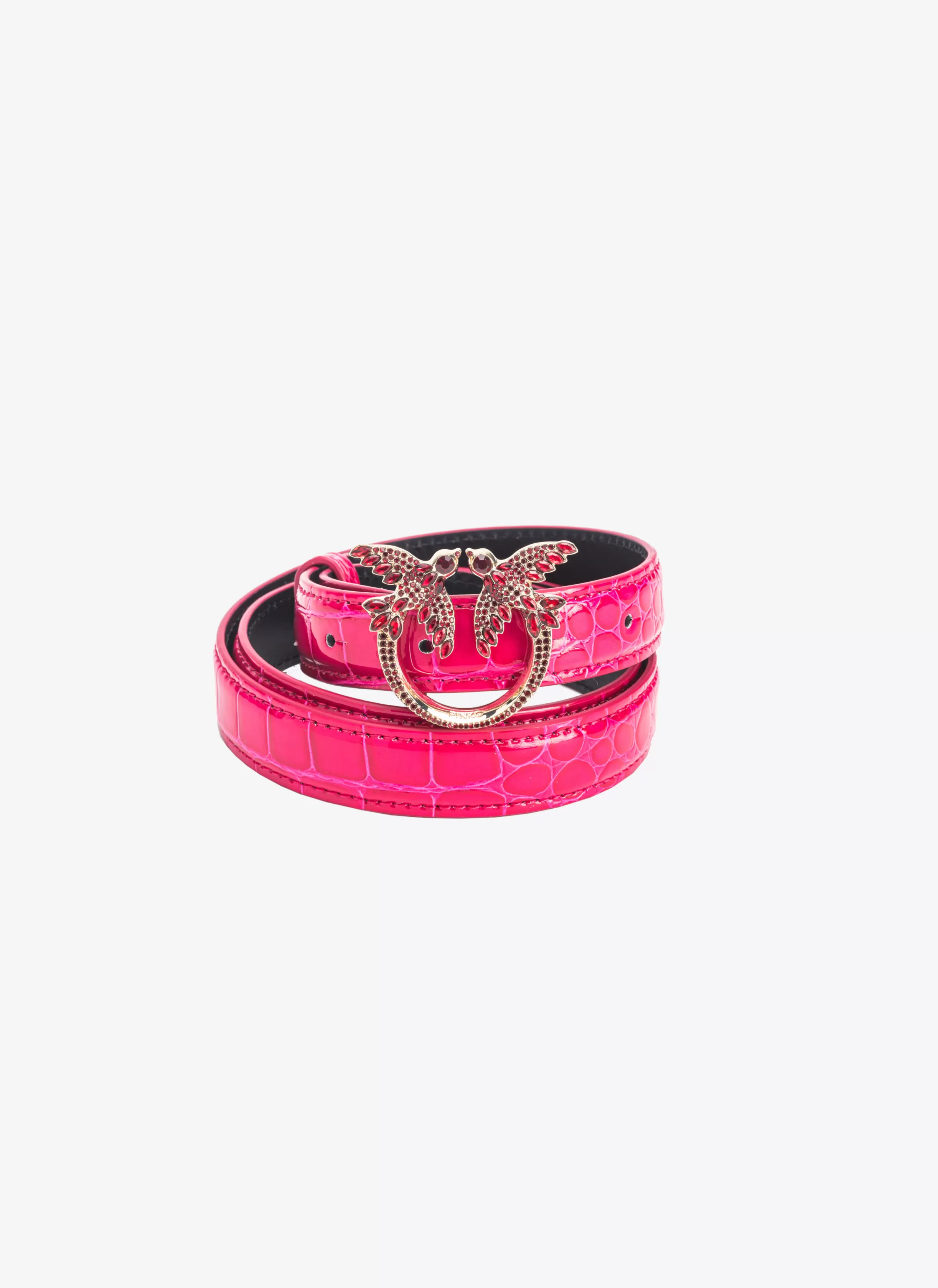 PINKO Galleria thin 2cm shiny coloured croc-print belt with Love Birds buckle
