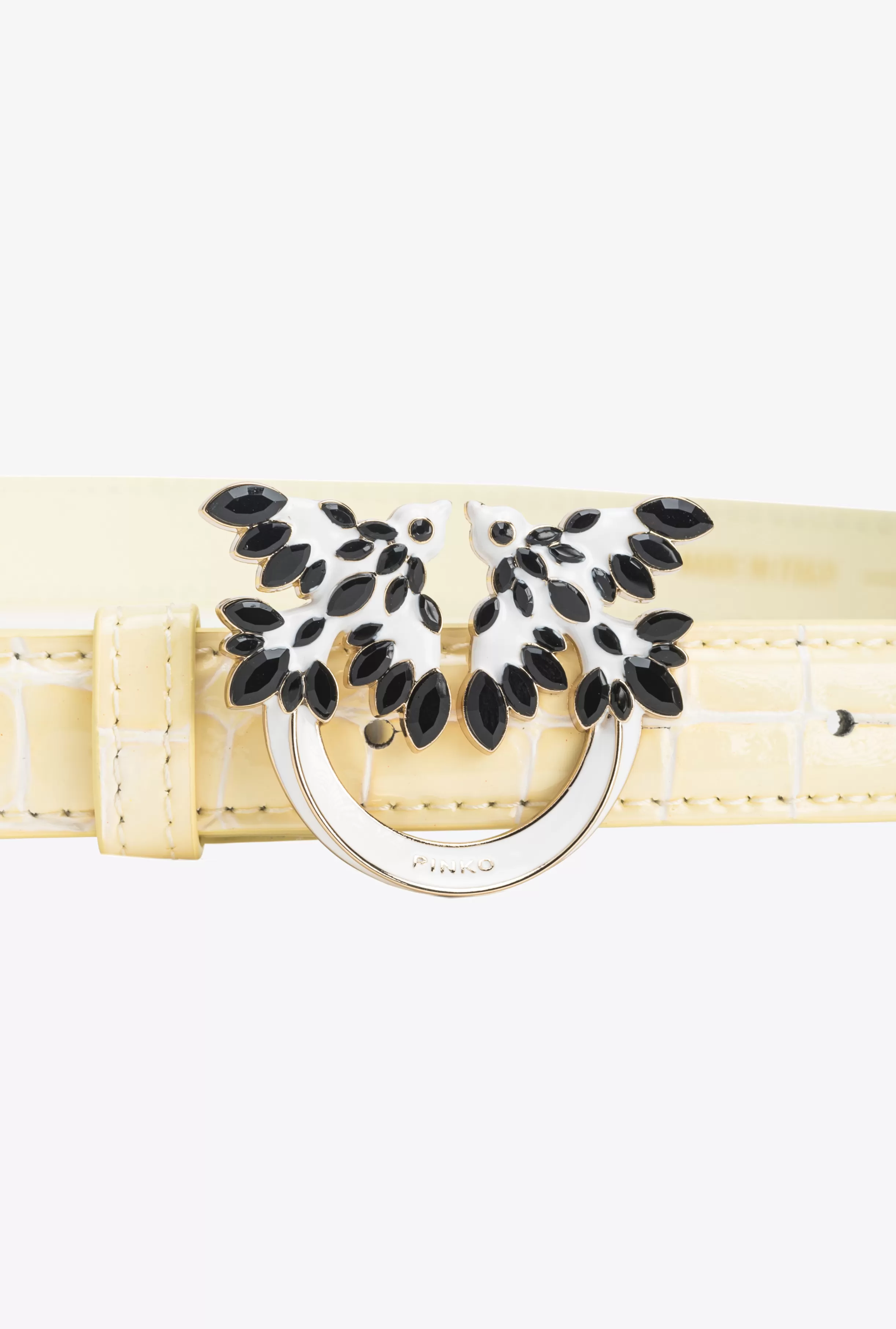 PINKO Galleria thin 2cm shiny croc-print belt with Love Birds buckle