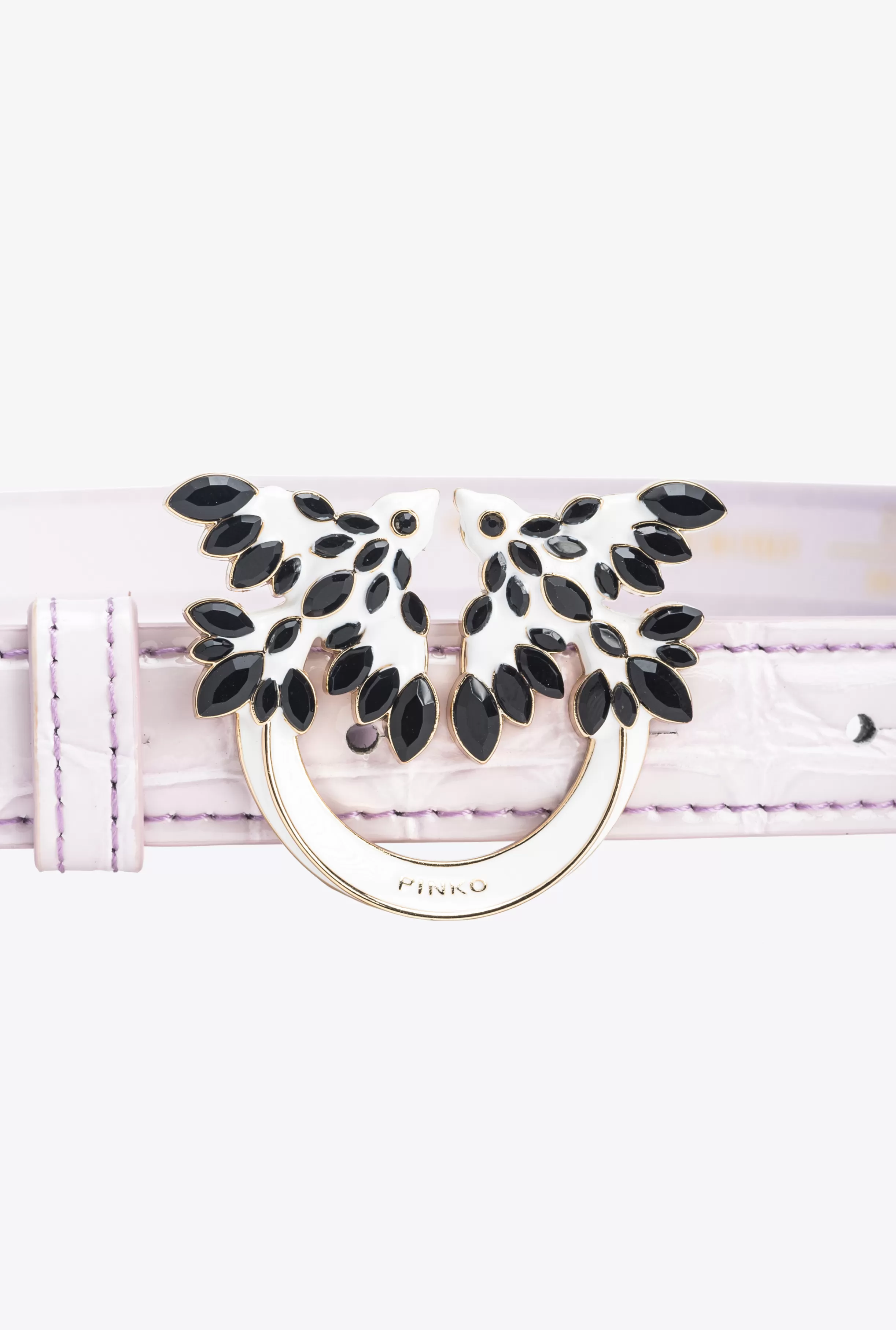 PINKO Galleria thin 2cm shiny croc-print belt with Love Birds buckle