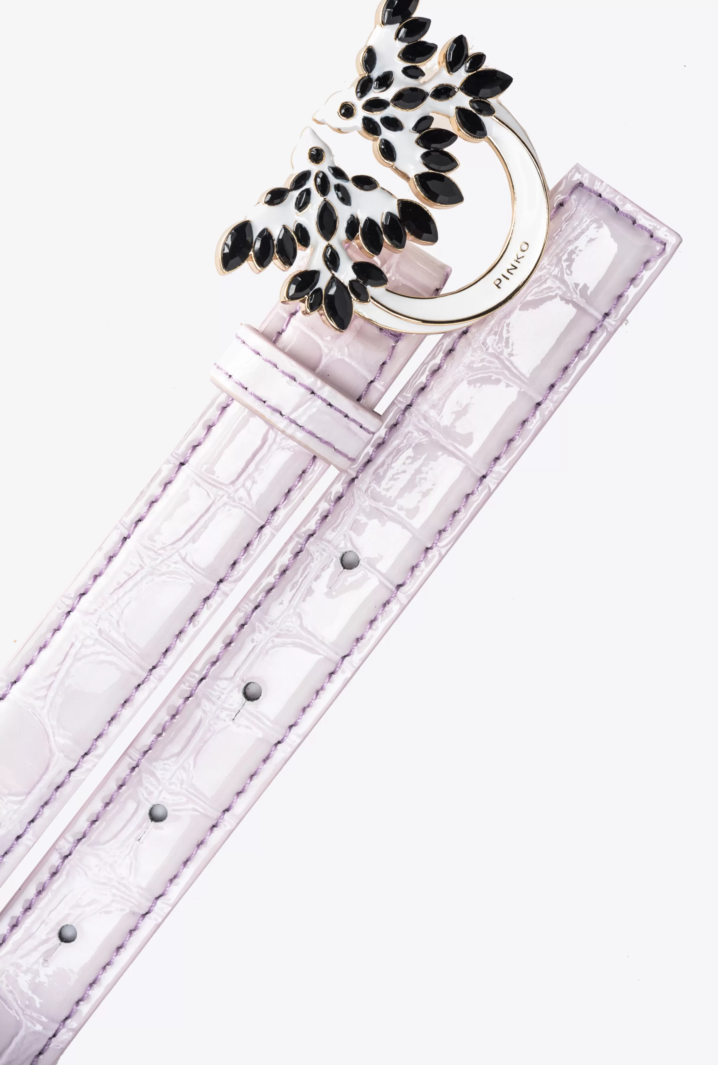PINKO Galleria thin 2cm shiny croc-print belt with Love Birds buckle