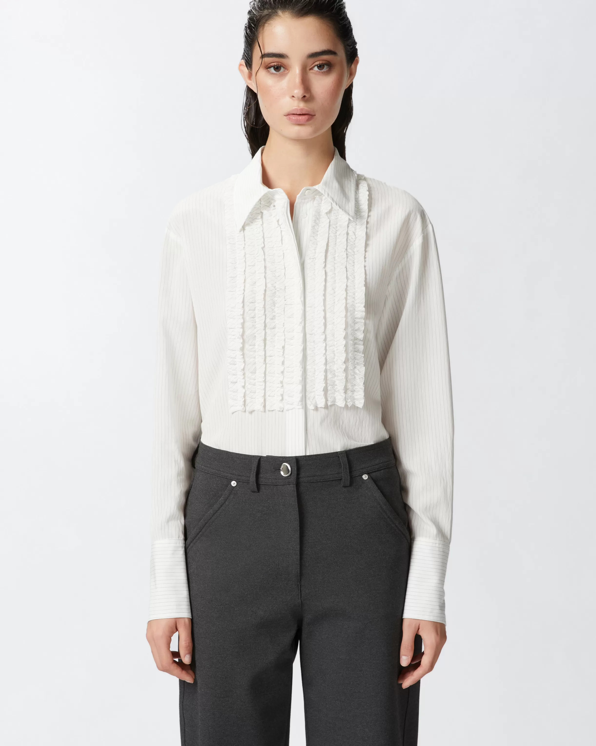 PINKO Pinstriped shirt with front ruffles