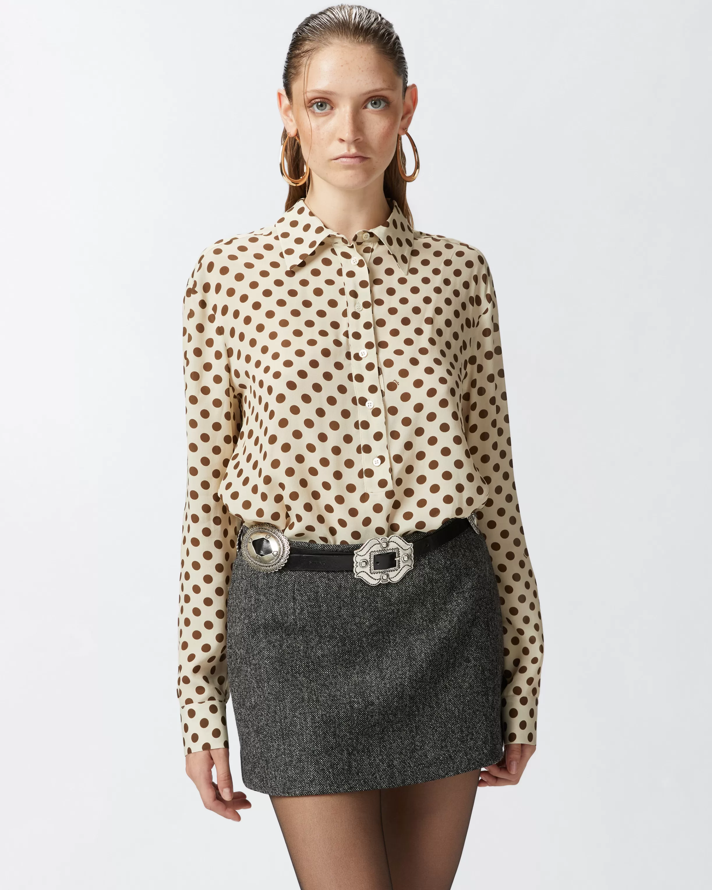 PINKO Polka-dot polo with long sleeves in crepe