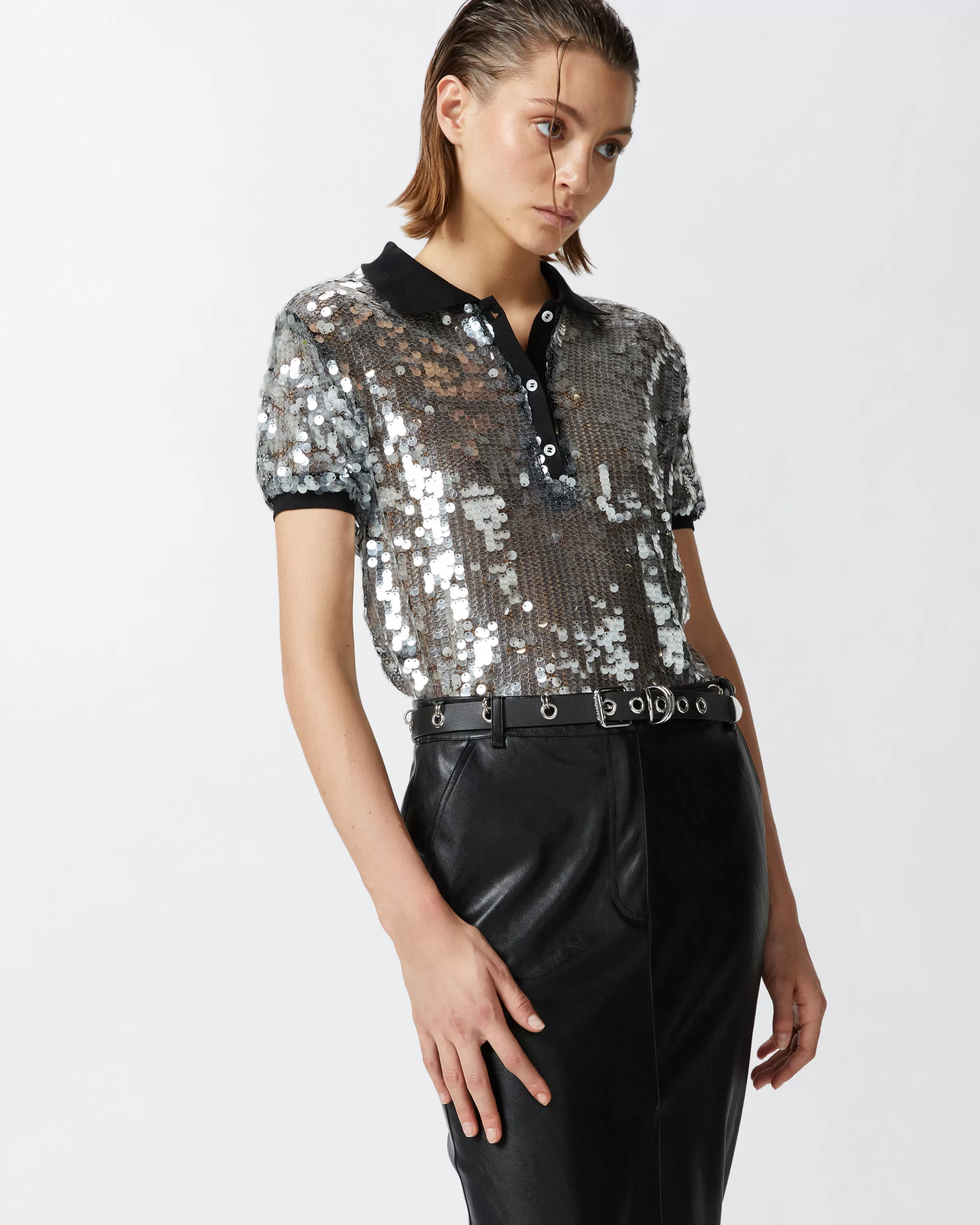 PINKO Polo sweater with semi-transparent sequins