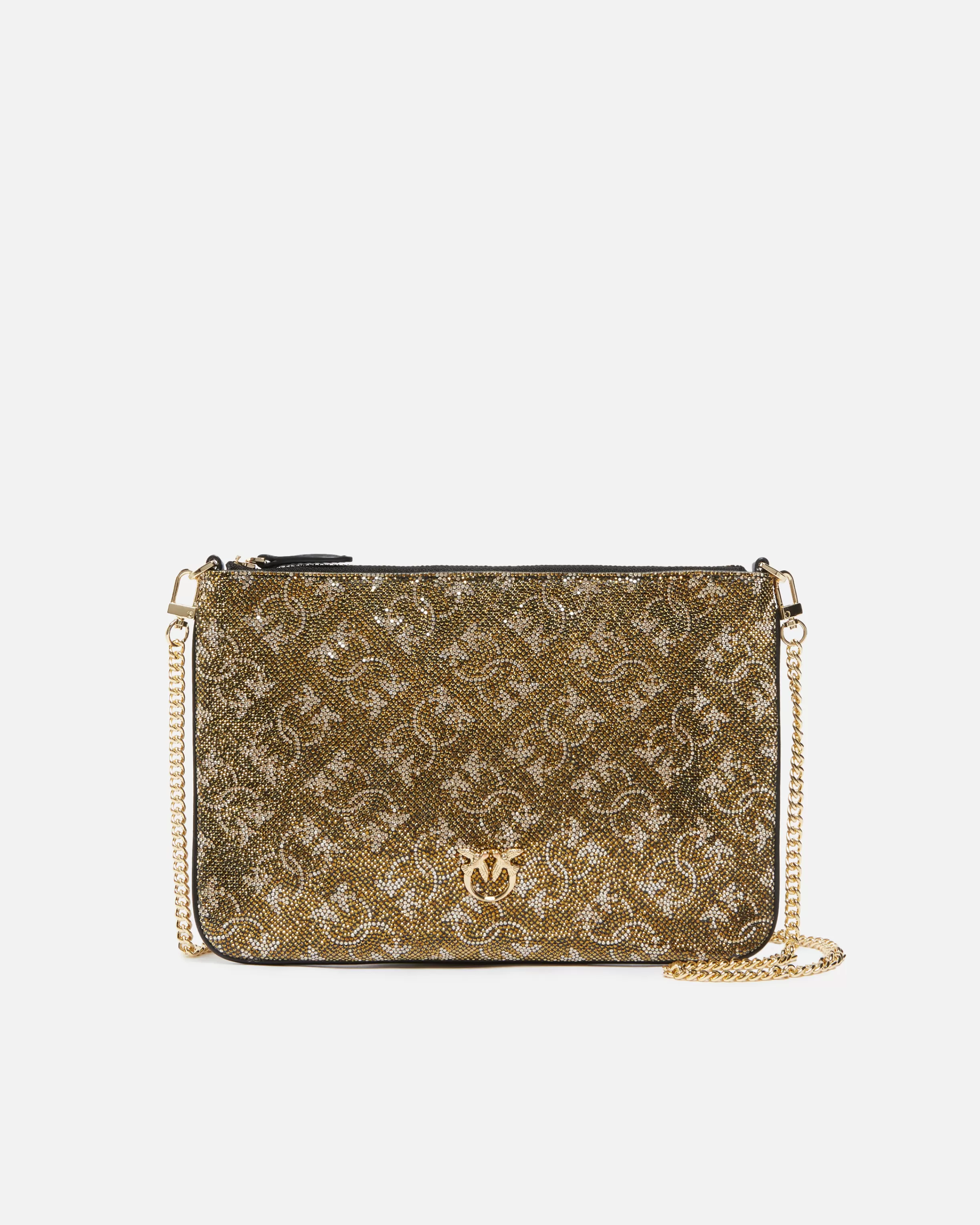 PINKO Rhinestoned Monogram clutch with shoulder strap